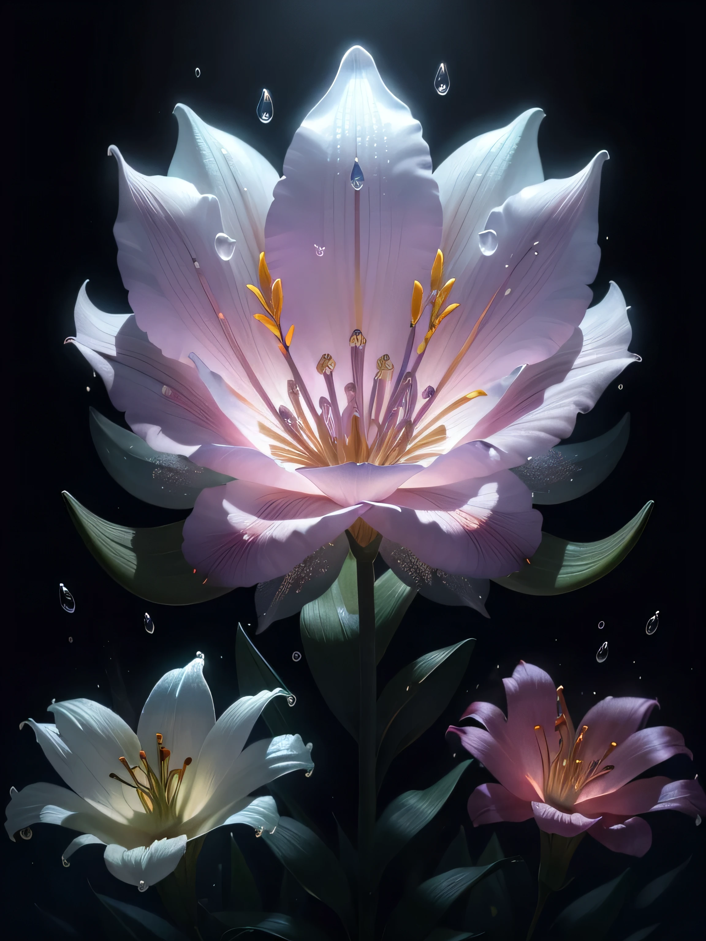 ((lily flowers)), super transparent, Holy Light, beautiful spectral light, petals glow, flashes, Dark background, drops of transparent light, reflective light, Bright, light streaming in, optics, Sharp Focus, Magical, Convoluted, A hyper-realistic, Fantasy composition, light, Trending in art stations, pearls, patronus cloud of silvery vapor, corrosive enveloping ray family, 8K, ureal ar 23v4 uplight