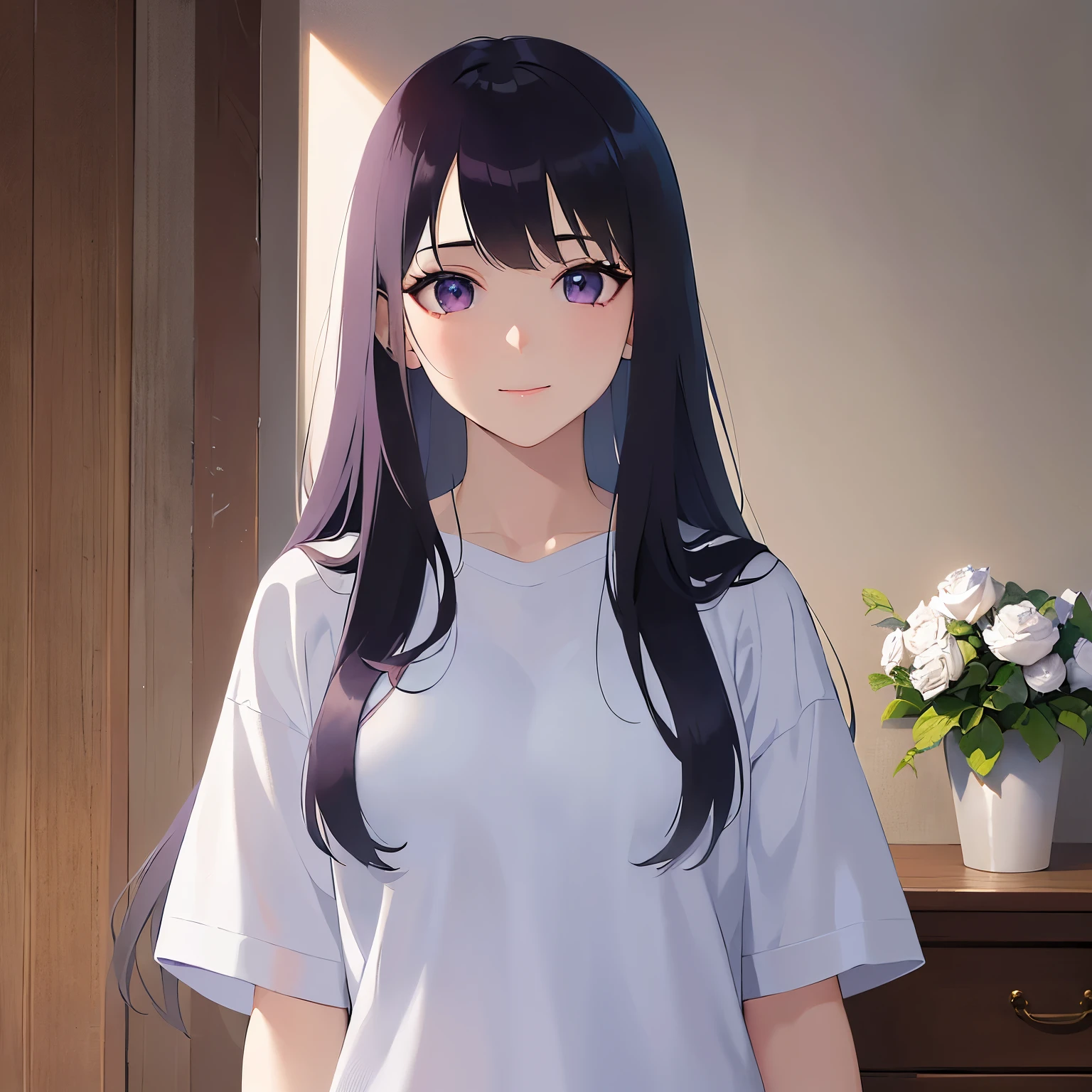 Upper Body, Realistic, real person, (pale skin: 1.2), RAW photo, photorealistic, shiny skin, shiny hair、(A 25-year-old woman with straight hair and bangs) and (medium hair) and (black hair) and (purple eyes) , (white) and (T-shirt)、smile, The background is the living room、Alone、Are standing