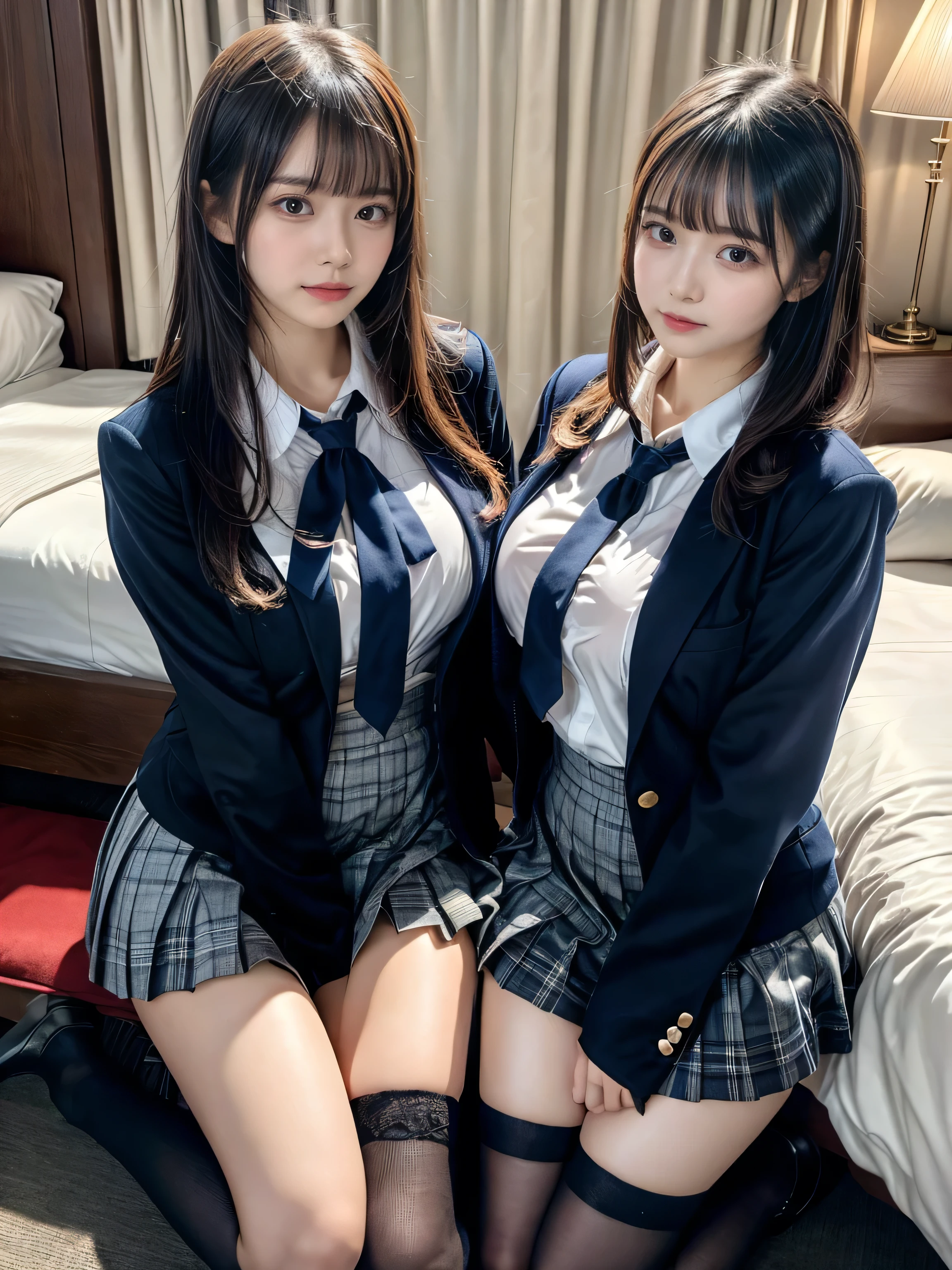 (8K, Raw photography, top-quality, ​masterpiece:1.2), muster piece, best quality, illustration, Super detailed, fine details, High resolution, 8K,wall paper, perfect dynamic composition,(Details High quality, realistic depiction of eyes:1.3), ((2 girls, 2 schoolgirls)), The background is a luxury hotel room、High school girl uniform、blazer 、Super Short Check Uniform Skirt、Navy blue high socks、garterbelts、Colossal tits、Disturbed uniform, Play with each other,Touching each other's bodies,Touching the body of the girl next door, short bob hair, black hair color, huge breasts, Big Natural Color Lip, bold sexy pose, (perfect body shape), crying a little、cold gaze, Beautiful makeup,glitter makeup,Cutest 18 years old、 beautiful legs, hposing Gravure Idol, Voluptuous thighs