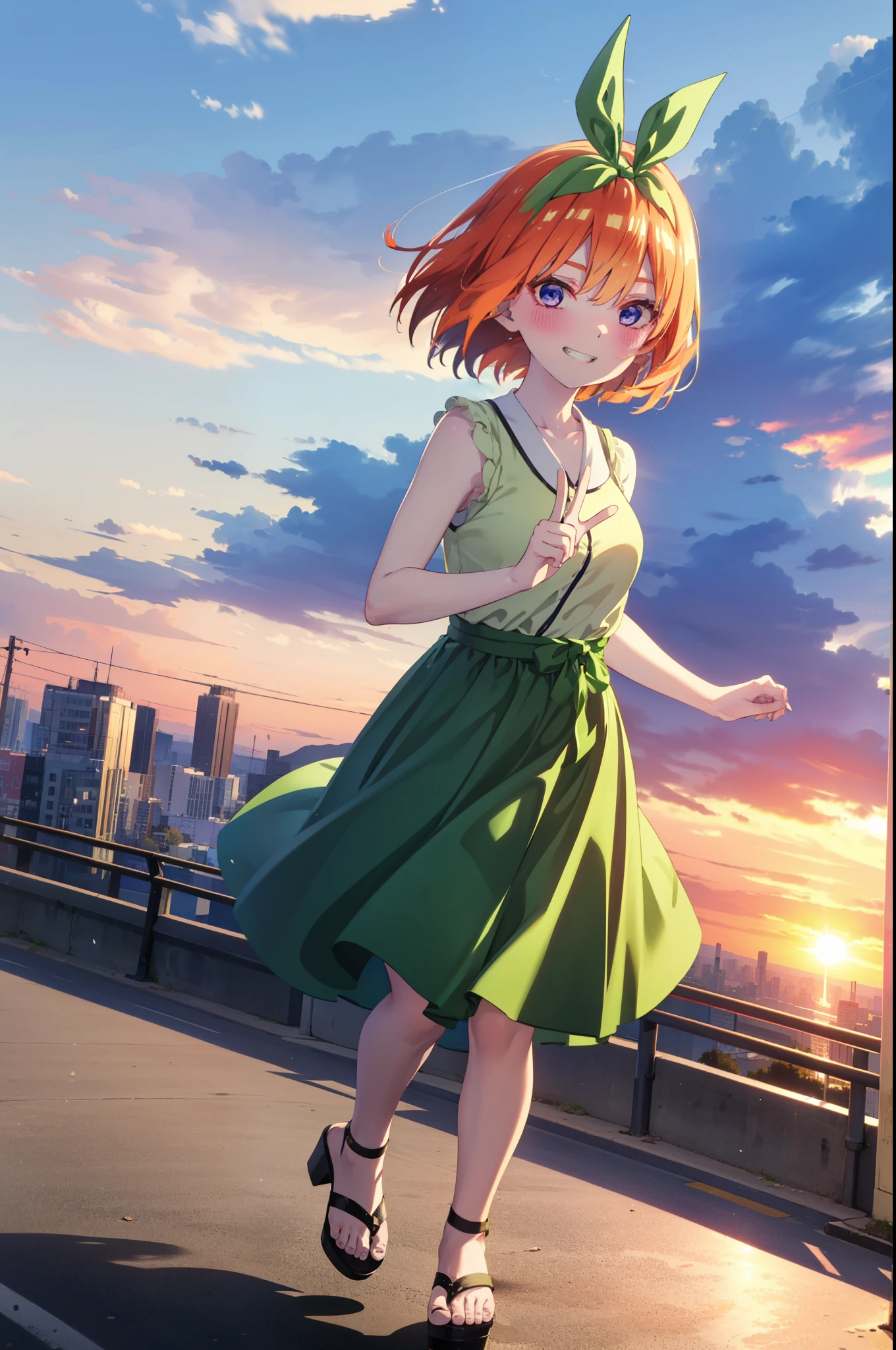 yotsubanakano, yotsuba nakano, bangs, short hair, blue eyes, Hair between the eyes, Hair Ribbon, hair band, Orange Hair, (Green ribbon:1.5), smile, Grin,smile,Sleeveless green dress,Bare arms,Green long skirt,Cute heeled sandals,Holding a peace sign with his right hand,sunset,evening,The sun goes down,My hair is blowing in the wind,whole bodyがイラストに入るように,Looking down from above,
break outdoors, city,海岸通り
break looking at viewer, whole body,
break (masterpiece:1.2), highest quality, High resolution, unity 8k wallpaper, (shape:0.8), (Beautiful details:1.6), Highly detailed face, Perfect lighting, Extremely detailed CG, (Perfect hands, Perfect Anatomy),