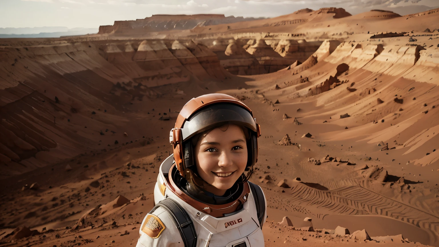 a happy girl standing on Mars, wearing open helmet spacesuit, beautiful red cliffs surround her, a big colony city is behind her