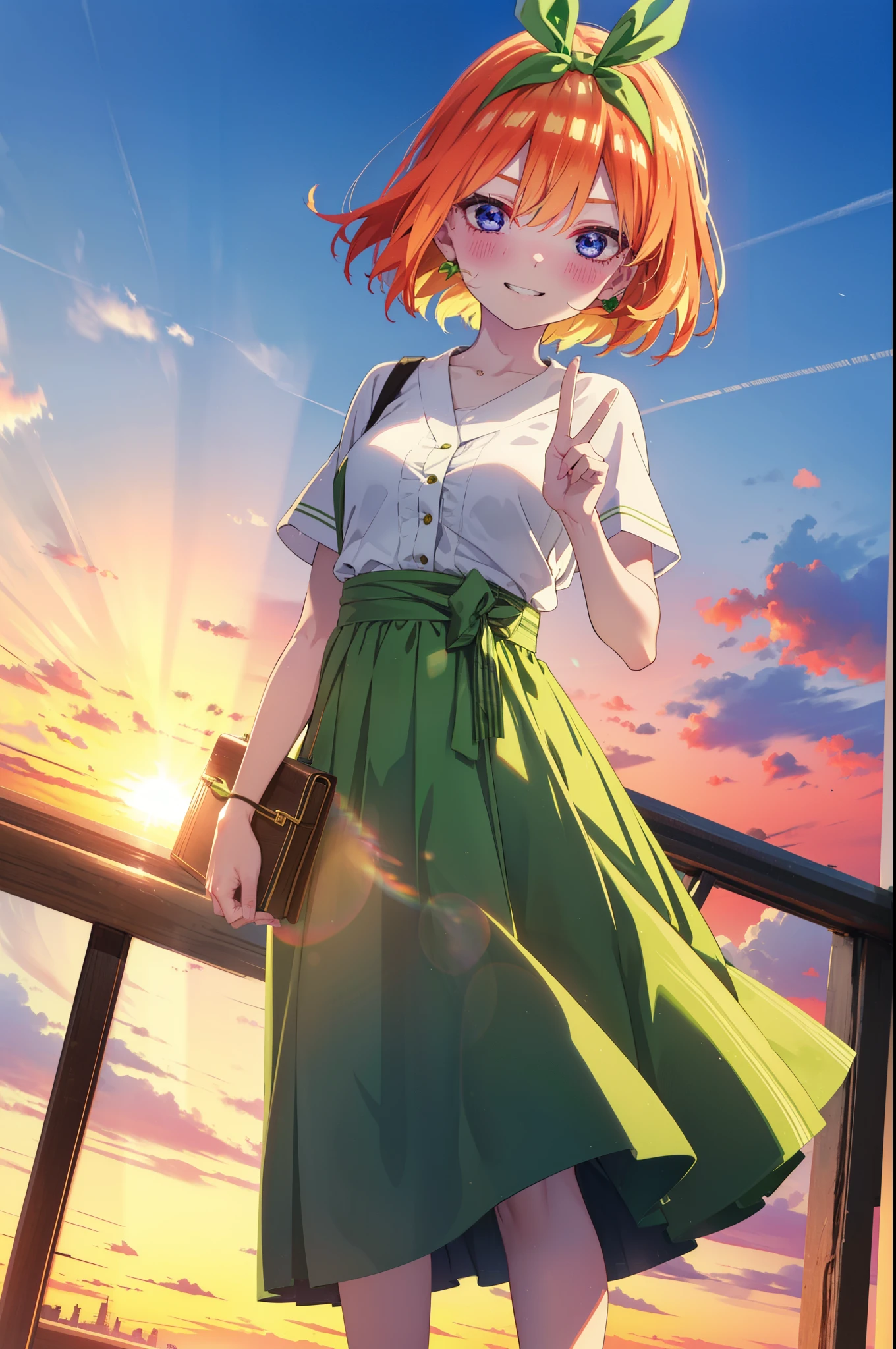 yotsubanakano, yotsuba nakano, bangs, short hair, blue eyes, Hair between the eyes, Hair Ribbon, hair band, Orange Hair, (Green ribbon:1.5), smile, Grin,smile,Sleeveless green dress,Bare arms,Green long skirt,Cute heeled sandals,Holding a peace sign with his right hand,sunset,evening,The sun goes down,My hair is blowing in the wind,whole bodyがイラストに入るように,Looking down from above,
break outdoors, city,海岸通り
break looking at viewer, whole body,
break (masterpiece:1.2), highest quality, High resolution, unity 8k wallpaper, (shape:0.8), (Beautiful details:1.6), Highly detailed face, Perfect lighting, Extremely detailed CG, (Perfect hands, Perfect Anatomy),