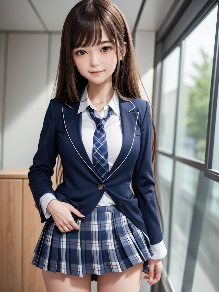 (8k, RAW Photos, highest quality), Stand in the classroom of school, (((((((One woman))))))), ((Brown Hair)), ((Semi-long hair)), ((Detailed eyes)), ((smile)), ((White blouse)), ((tie)), (((Dark blue closed blazer))), (((A blue plaid pleated miniskirt that wraps around the hips))), Asymmetrical bangs, 少しのsmile, Thighs, knees, Random pose,pretty girl,Slender girl