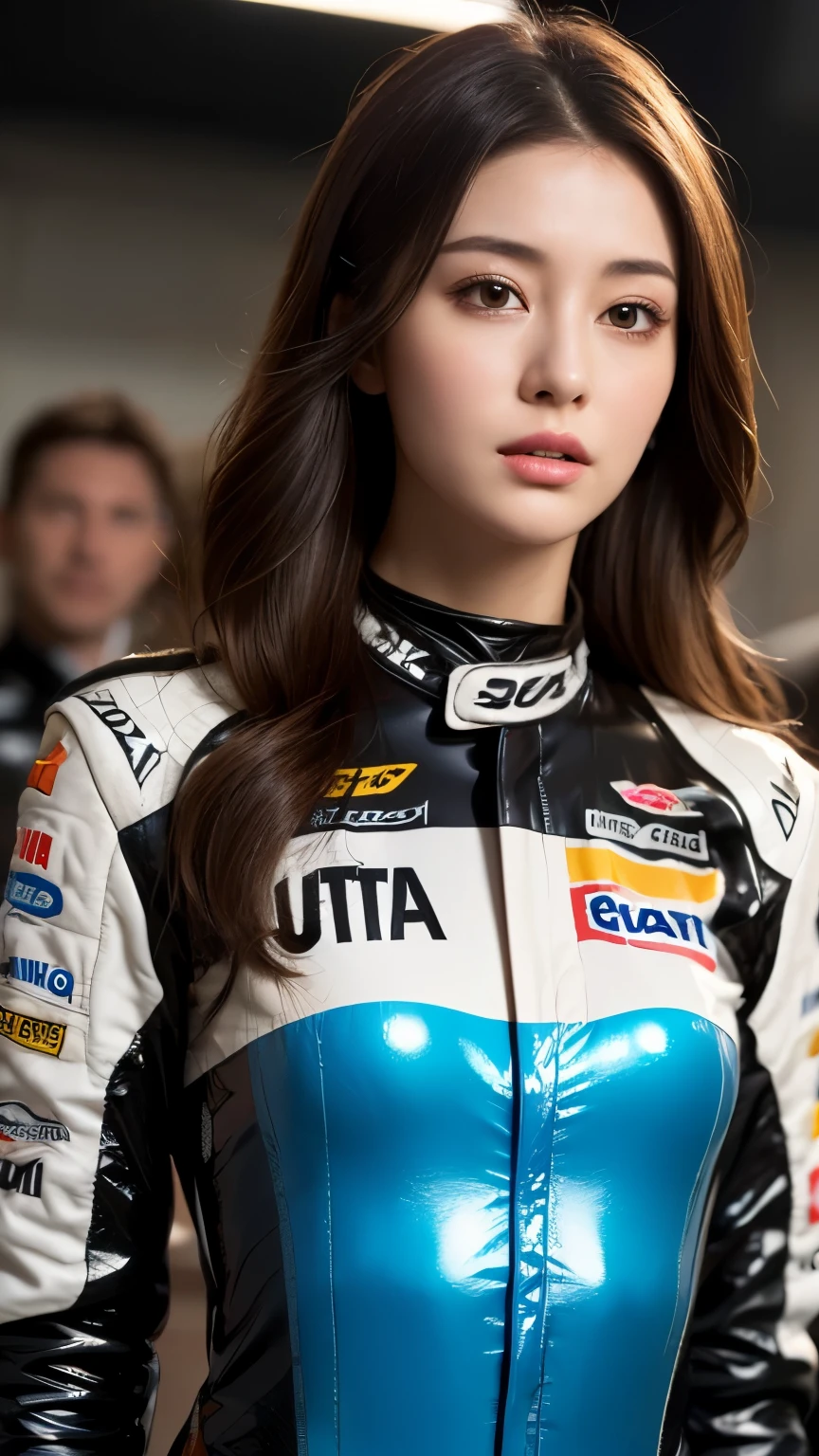 Bust up shot, Dynamic Lighting, (highest quality:1.4), 32K resolution, (Realistic:1.5), (Ultra-realistic:1.5), High resolution UHD, (masterpiece:1.2), (Improvement of quality:1.4), (1.lady), Supermodel, Female rider, 21 years old, Perfect Anatomy:1.37, Standing pose, (Wearing a super shiny racing suit:1.37), (Wearing a long-sleeved racing suit:1.1), (Wearing an orange racing suit:1.21), (Many suits with logos), Racing Gloves, Have a helmet:1.21, (On the vast racing circuit:1.37), (Outdoors on a sunny day;1.37), Shut your mouth, Detailed eyelashes,  Sharpen your eyebrows, [Pink lipstick:0.8], (Super lethargic details:1.25), (Bright pale complexion), Symmetrical eyes, Natural Makeup, ((A great eye for quality:1.2)), (tired, Sleepy and satisfied:0.0), (Beautiful Lips:1.33), (Great nose:1.2),  (Flat Chest), (Slim lower body), Shiny brown hair, Let your bangs hang long, (Wavy Hair:1.21), ((Realistic)), ((Sharp focus)), ((The most ridiculous quality)), (Ultra-high resolution:1.6), Emotional and spectacular cinematic lighting,