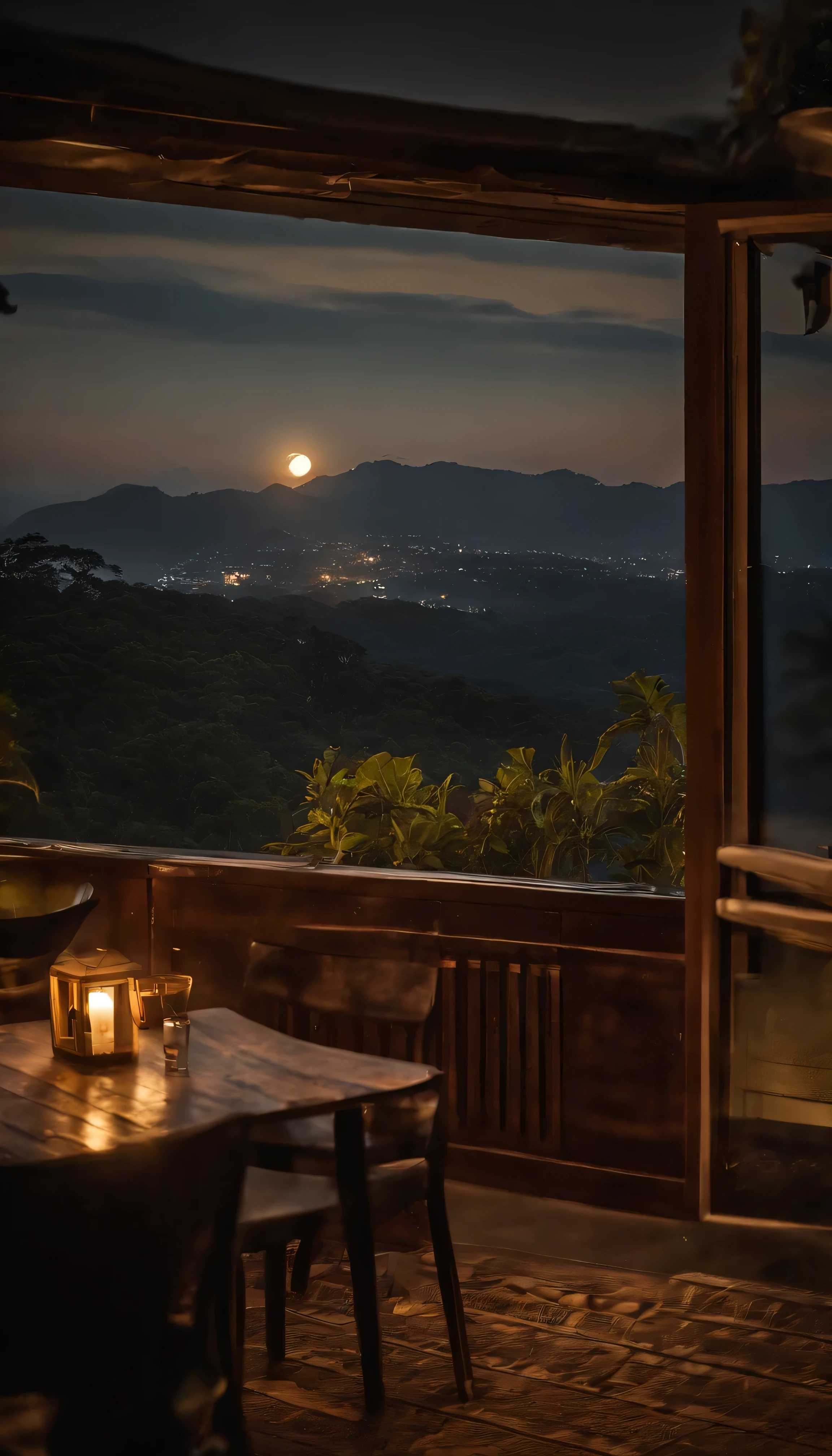 moon, the sun has set, Bogor peak, night lights, cafe dimly lit, view out the window, Villa, Midnight