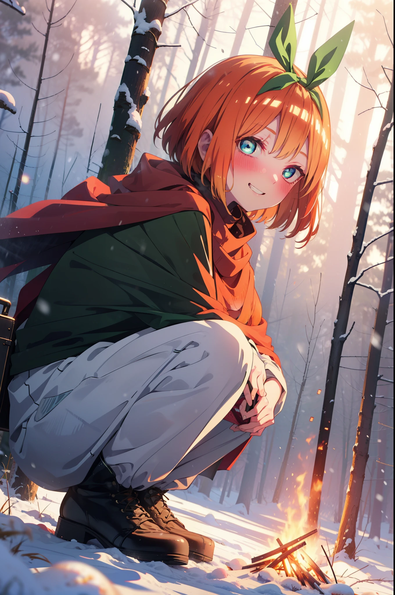 yotsubanakano, yotsuba nakano, bangs, short hair, blue eyes, Hair between the eyes, Hair Ribbon, hair band, Orange Hair, (Green ribbon:1.5), smile, Grin,smile,blush,White Breath,
Open your mouth,snow,Ground bonfire, Outdoor, boots, snowing, From the side, wood, suitcase, Cape, Blurred, Increase your meals, forest, White handbag, nature,  Squat, Mouth closed, フードed Cape, winter, Written boundary depth, Black shoes, red Cape break looking at viewer, Upper Body, whole body, break Outdoor, forest, nature, break (masterpiece:1.2), highest quality, High resolution, unity 8k wallpaper, (shape:0.8), (Beautiful and beautiful eyes:1.6), Highly detailed face, Perfect lighting, Highly detailed CG, (Perfect hands, Perfect Anatomy),