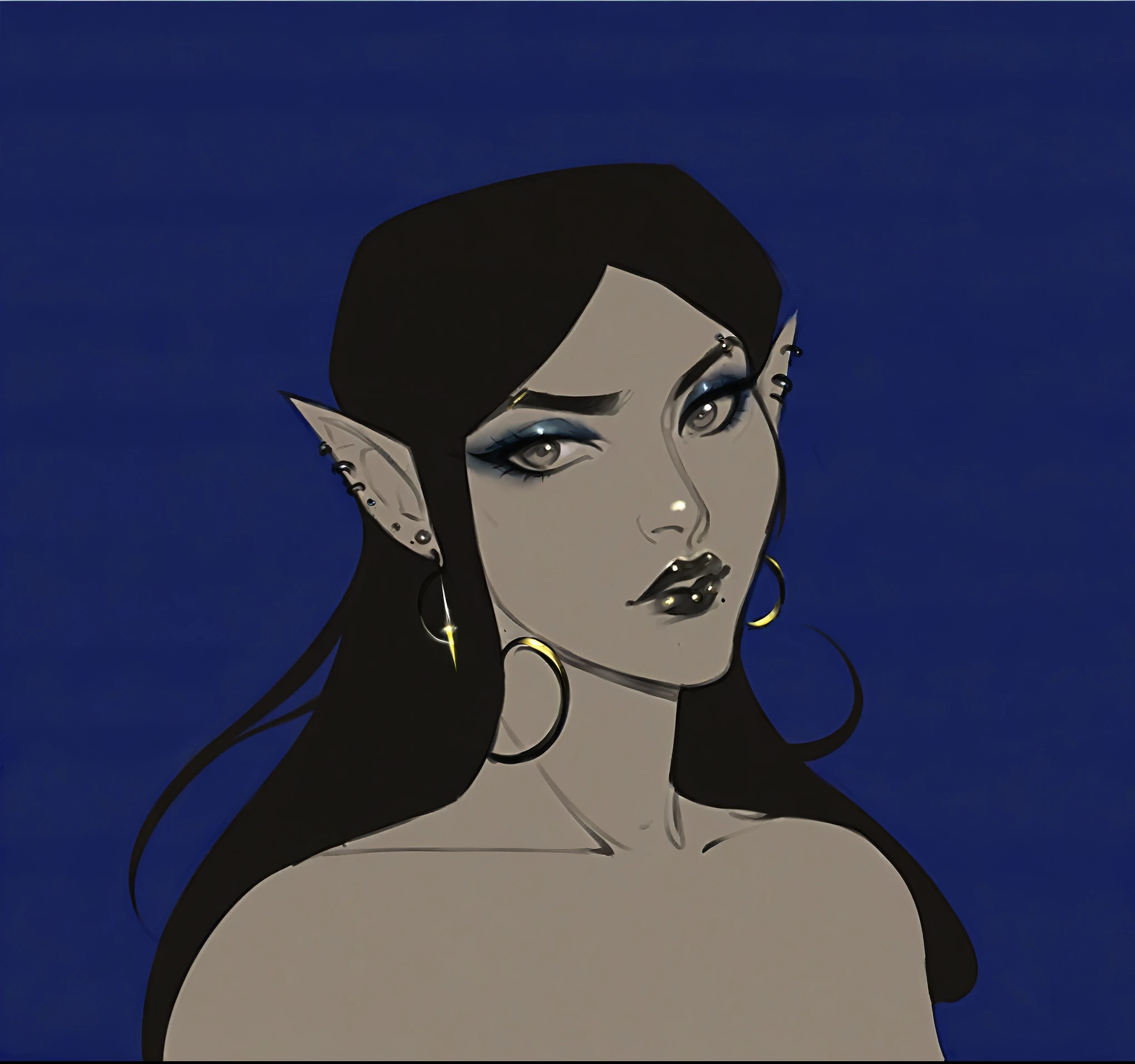 Portrait of a girl, piercings, alone, pale skin, female of pale skin, bright glossy skin, earrings, blue hair, detailed lips, upper body, piercing, olhando para frente, olhos castanhos, piercing de orelha, seios pequenos, eyeliner, thick pale blond eyebrows, thick graphitte outline, sketch, drawing, chalk lines, harsh lighting, vibrant colors, makeup, aw0k illuminate