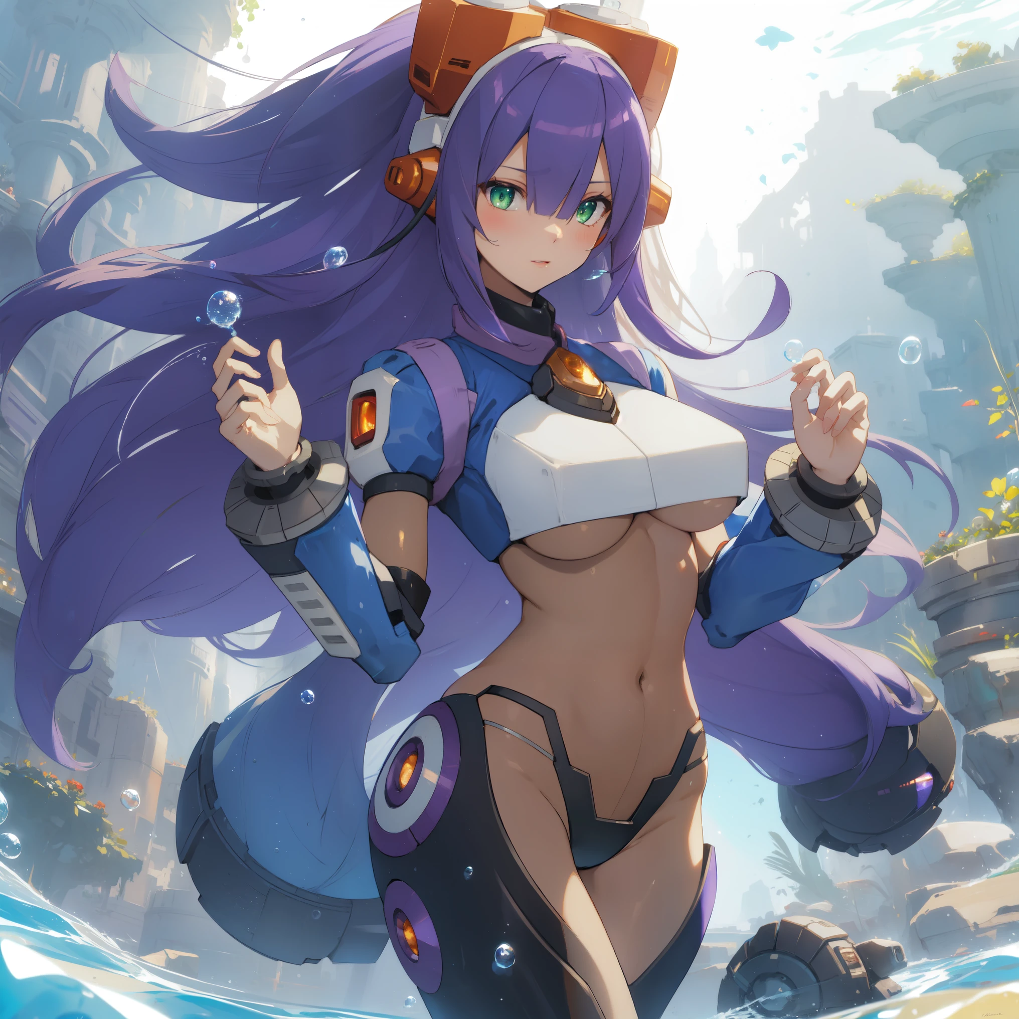 layer_megamanx, 1girl, solo, long hair, purple hair, green eyes, blunt bangs, hair over eyes, large breasts, dark skin, dark-skinned female, android, underboob, robot ears, high quality, masterpiece, standing in an underwater city with lots of bubbles, in the style of yuumei, intricate architectures, indigo, miniature illumination, daniel f. gerhartz