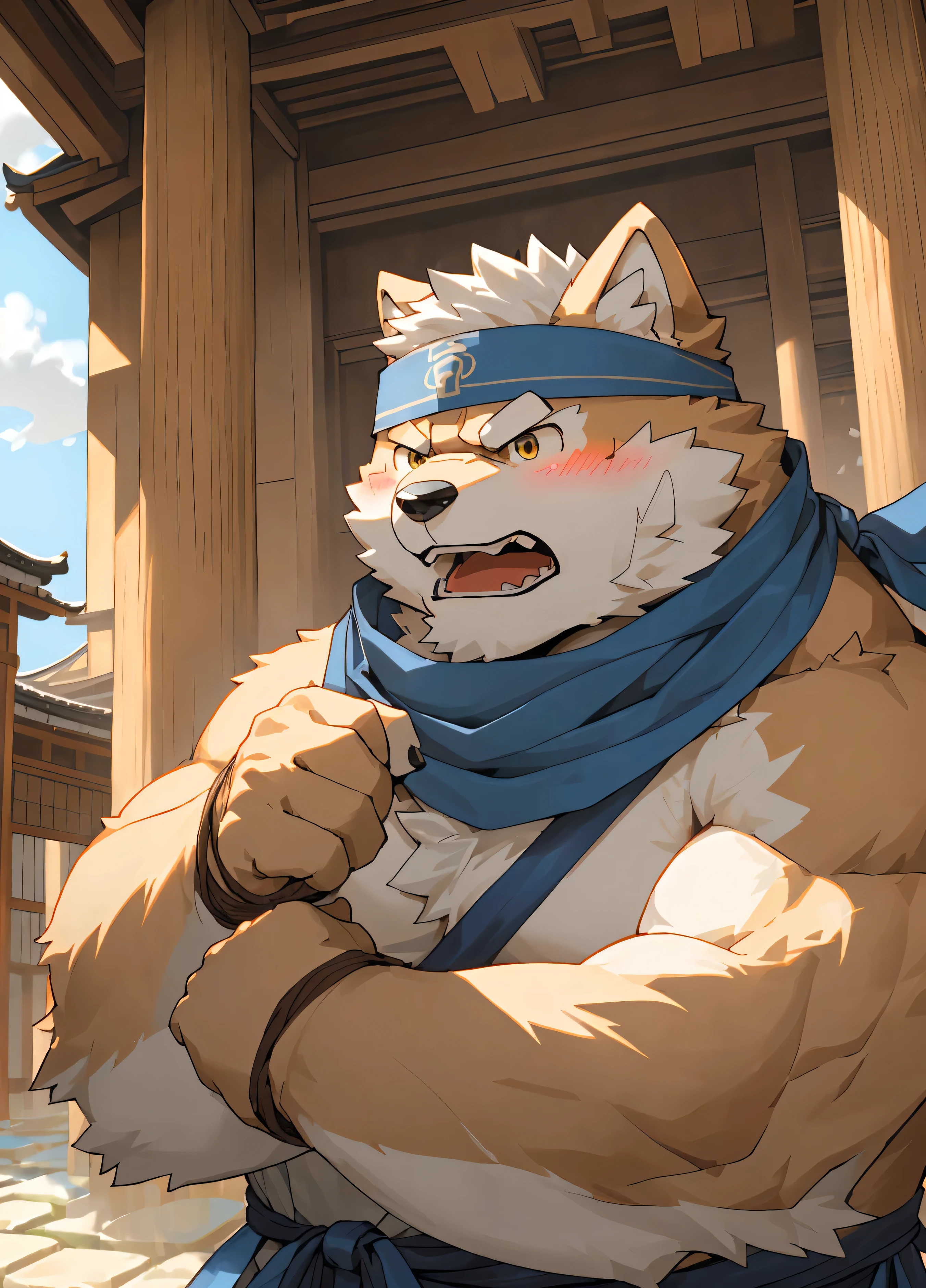 (masterpiece),(Very detailed),(best quality),hairy,Shiba Inu,fur,white hair,Gray pupil,(Japan samurai attire),((blue scarf)),((brown headband)),(blush:1.1),(Pretend to be angry),((Pretend to be fierce)),Temple Background,8K,(high quality),(Ultra high quality),(Super detailed)