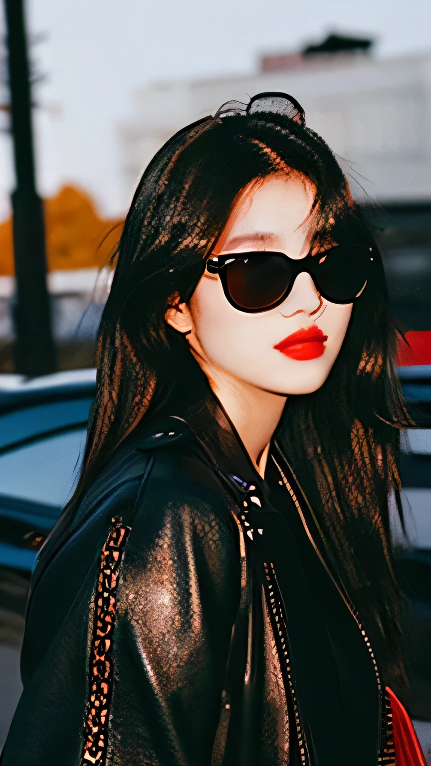 Female, Stylish, Fox shaped pitch black sunglasses, dark hair, leather jacket, long straight hair, bright red lips, dark background, suitcase in tow