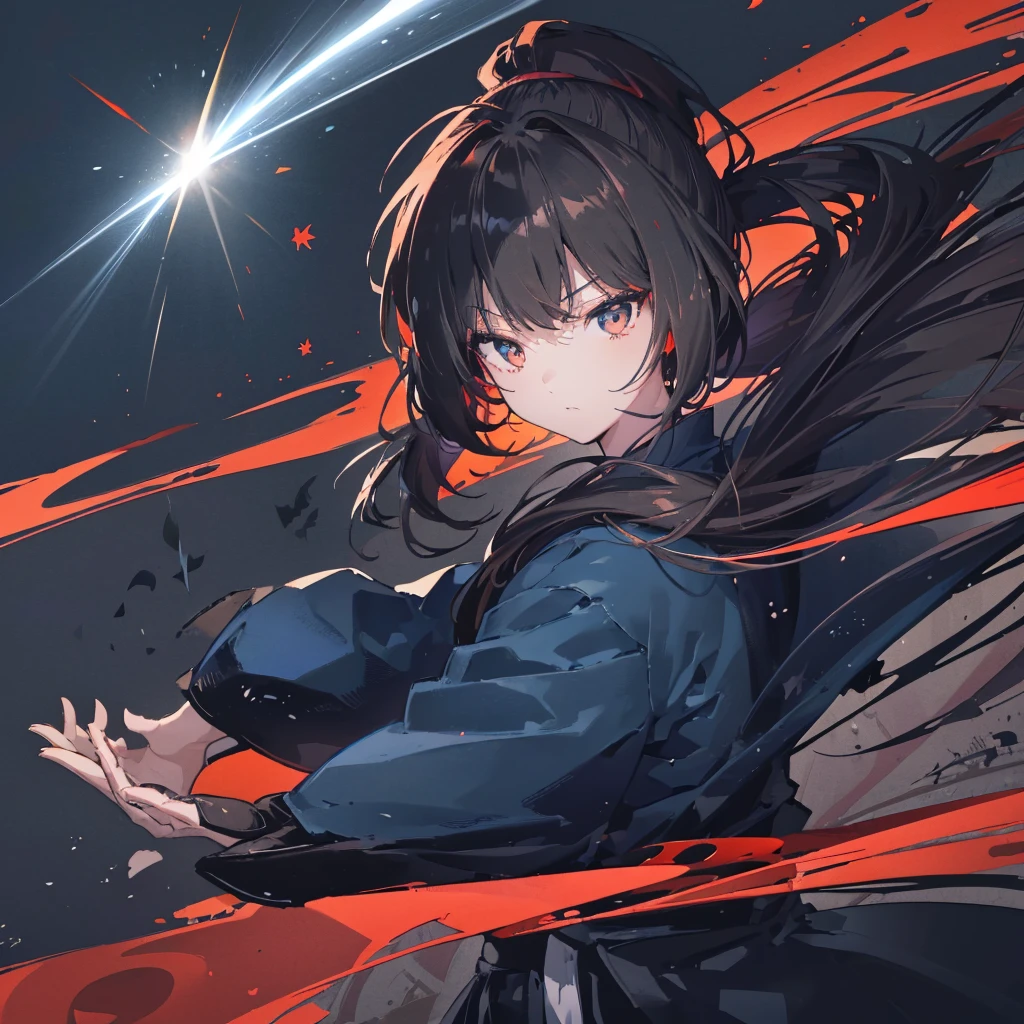 ((blackい髪 Long Hair ponytail black Military commander one person Lonely Red Flag cool)) ((night Japanese style old Shineオーラ)) (Dance Flame Blade Japanese sword Draw your sword Shine) moon star Draw your sword Slashing Catch the wind print Tense face Battle autumn Maple
