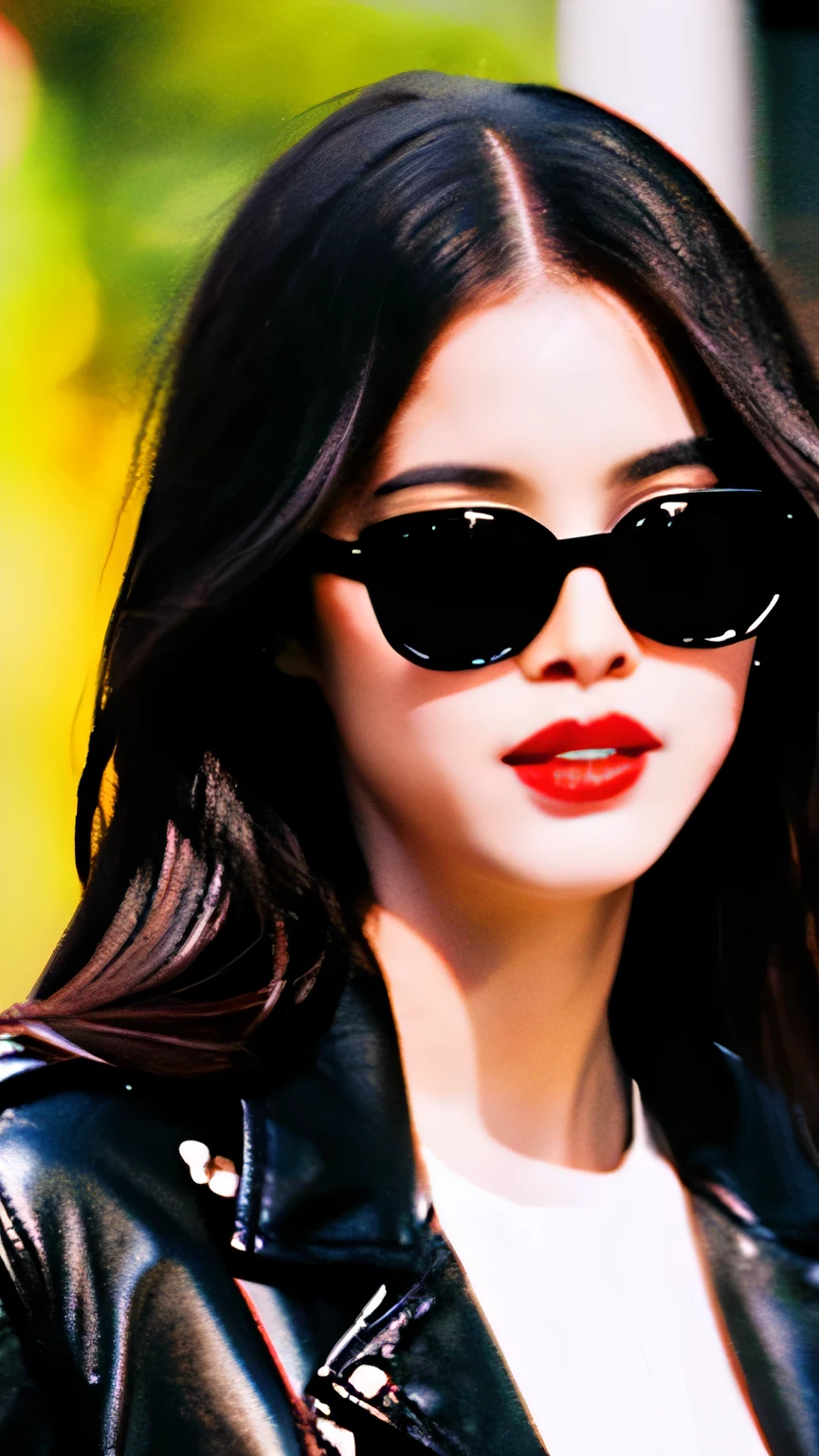 Female, Stylish, Fox shaped pitch black sunglasses, dark hair, leather jacket, long straight hair, bright red lips, dark background, suitcase in tow