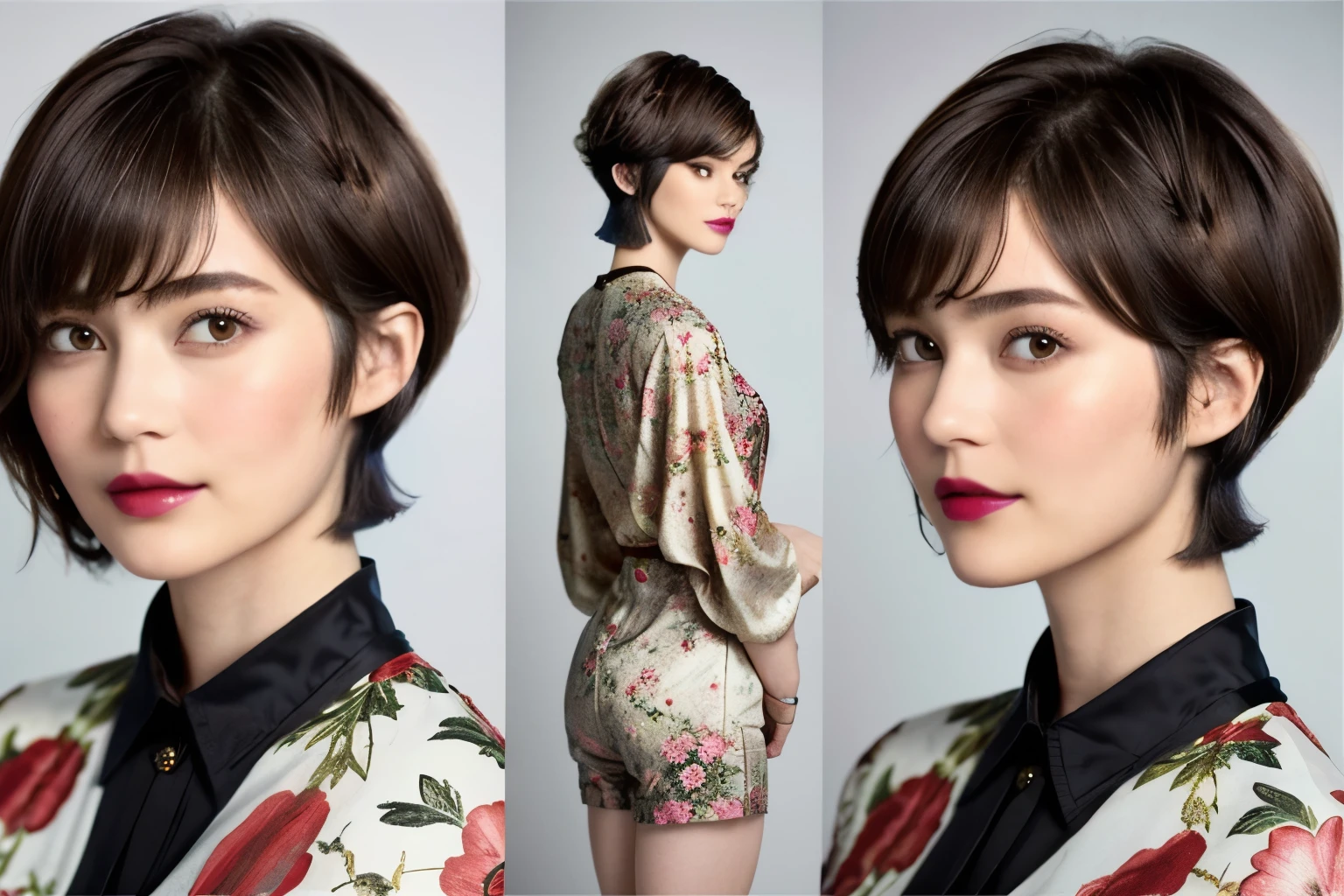 228 (20-year-old woman,Floral clothes),  ((Beautiful Hairstyles 46)), ((short hair:1.46)),  (lipstick)