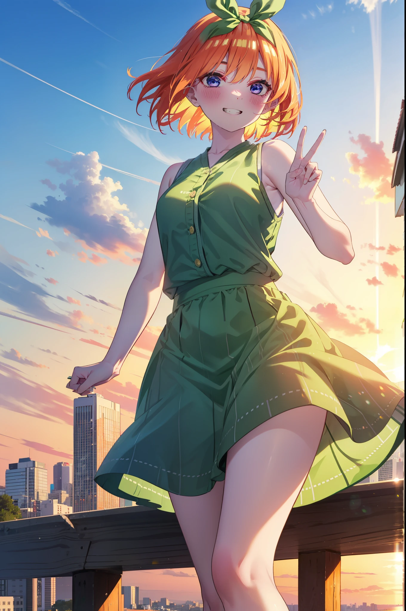 yotsubanakano, yotsuba nakano, bangs, short hair, blue eyes, Hair between the eyes, Hair Ribbon, hair band, Orange Hair, (Green ribbon:1.5), smile, Grin,smile,Sleeveless green dress,Bare arms,Green long skirt,Cute heeled sandals,Holding a peace sign with his right hand,sunset,evening,The sun goes down,My hair is blowing in the wind,whole bodyがイラストに入るように,Looking down from above,
break outdoors, city,海岸通り
break looking at viewer, whole body,
break (masterpiece:1.2), highest quality, High resolution, unity 8k wallpaper, (shape:0.8), (Beautiful details:1.6), Highly detailed face, Perfect lighting, Extremely detailed CG, (Perfect hands, Perfect Anatomy),