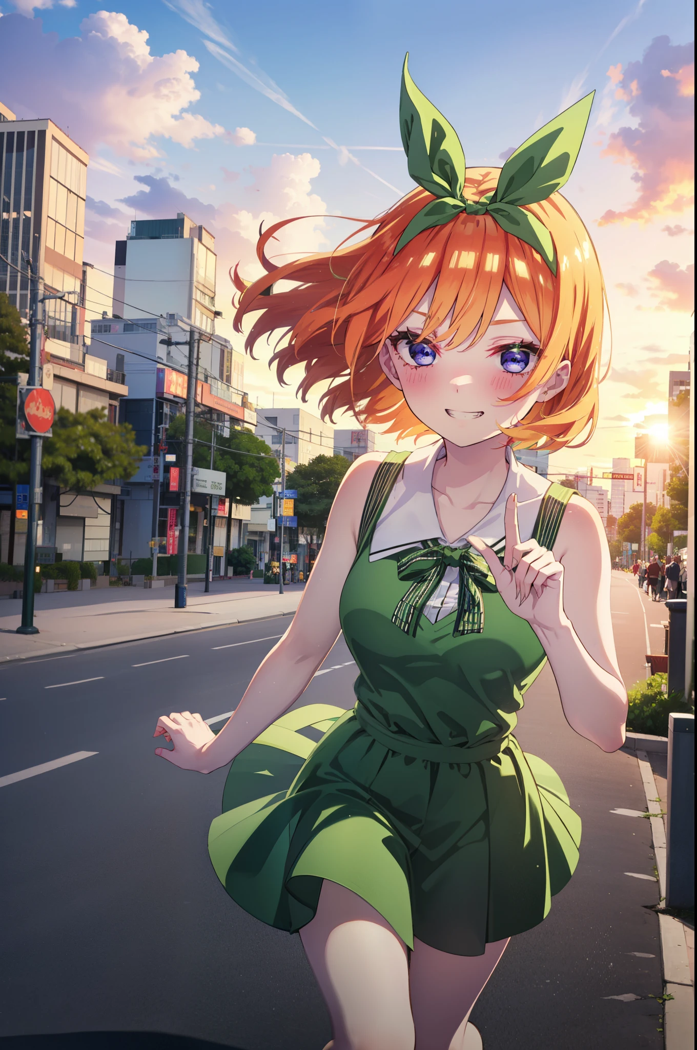 yotsubanakano, yotsuba nakano, bangs, short hair, blue eyes, Hair between the eyes, Hair Ribbon, hair band, Orange Hair, (Green ribbon:1.5), smile, Grin,smile,Sleeveless green dress,Bare arms,Green long skirt,Cute heeled sandals,Holding a peace sign with his right hand,sunset,evening,The sun goes down,My hair is blowing in the wind,whole bodyがイラストに入るように,Looking down from above,
break outdoors, city,海岸通り
break looking at viewer, whole body,
break (masterpiece:1.2), highest quality, High resolution, unity 8k wallpaper, (shape:0.8), (Beautiful details:1.6), Highly detailed face, Perfect lighting, Extremely detailed CG, (Perfect hands, Perfect Anatomy),
