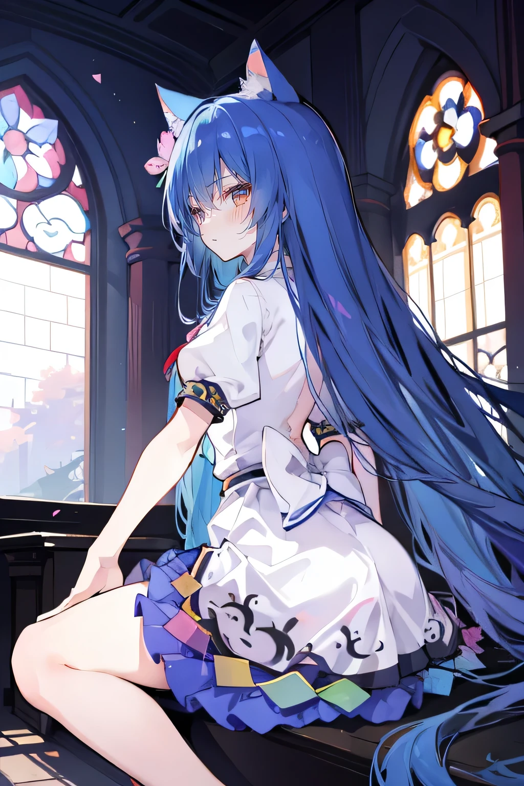 (masterpiece:1.2),Extremely detailed,Practical,expressive eyes,Fair skin,Perfect face shaping,1 Girl,
Japanese cartoons,Gorgeous blue hair, the long flowing blue hair,Floating clothes,Cat ears,Petals fall,beautiful lola,Young Angel,
Place your hands on your waist,sit elegantly on the ground,Cross your legs,Gentle and peaceful background,church,nun,little nose,back view.