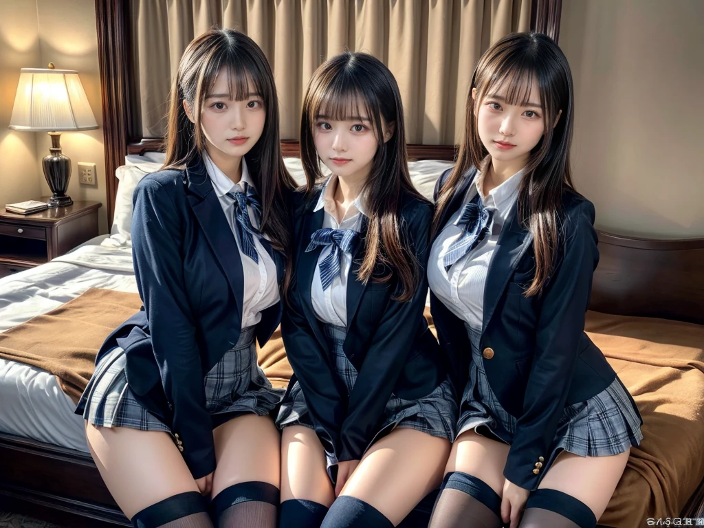 (8K, Raw photography, top-quality, masterpiece:1.2), master piece, best quality, illustration, Super detailed, fine details, High resolution, 8K,wall paper, perfect dynamic composition,(Details High quality, realistic depiction of eyes:1.3), ((2 girls, 2 schoolgirls)), The background is a luxury hotel room、High school girl uniform、blazer 、Super Short Check Uniform Skirt、Navy blue high socks、garterbelts、Colossal tits、Disturbed uniform, Play with each other,Touching each other's bodies,Touching the body of the girl next door, short bob hair, black hair color, huge breasts, Big Natural Color Lip, bold sexy pose, (perfect body shape), crying a little、cold gaze, Beautiful makeup,glitter makeup,Cutest 18 years old, beautiful legs, hposing Gravure Idol, Voluptuous thighs
