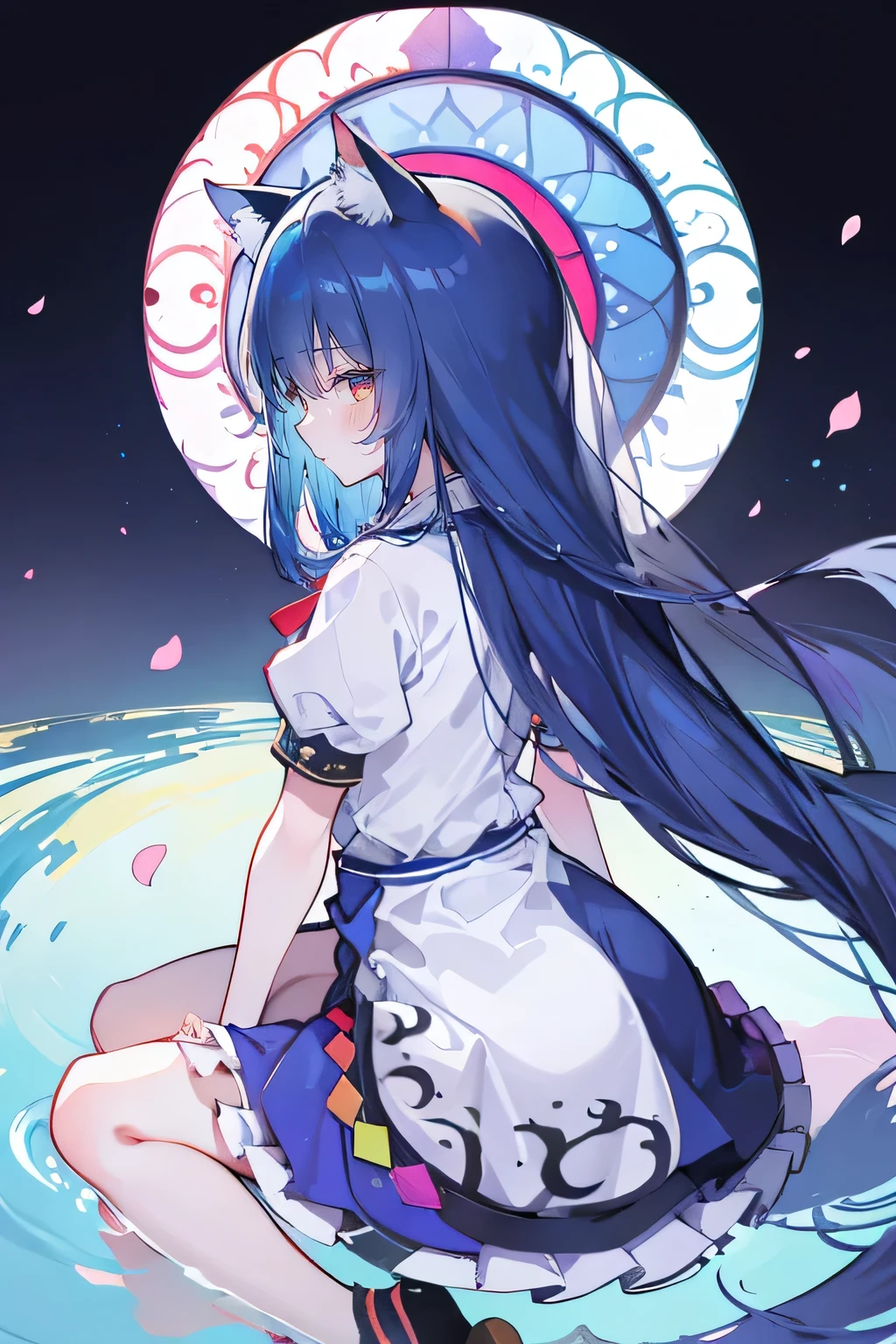 (masterpiece:1.2),Extremely detailed,Practical,expressive eyes,Fair skin,Perfect face shaping,1 Girl,
Japanese cartoons,Gorgeous blue hair, the long flowing blue hair,Floating clothes,Cat ears,Petals fall,beautiful lola,Young Angel,
Place your hands on your waist,sit elegantly on the ground,Cross your legs,Gentle and peaceful background,church,nun,little nose,back view.