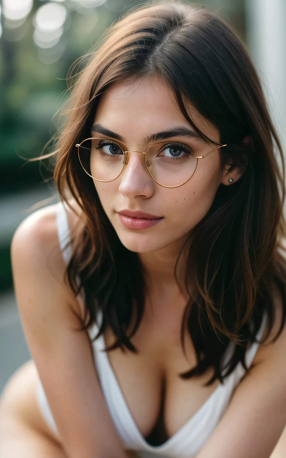 photo of woman, textured skin, light brown hair, lower body, extremely detailed eyes, beautiful face, with small vision glasses, detailed natural skin with pores, on all fours, naked, busty,,,,,,, perfect eyes (ectachrome), by Marta Bevacqua, golden hour, cinematic lighting, (hazy filter, film grain:1.2). 8k, highly detailed, detailed skin texture, natural skin texture, perfect eyes, perfect iris, high detail eyes, detailed iris, detailed cloth texture, perfect eyes, detailed eyes, (high quality, best quality:1.3), Extremely high-resolution, film grain, dslr, Kodak Portra 400 camera f1.6 lens, 35mm, Fujifilm Superia Premium 400, Nikon D850