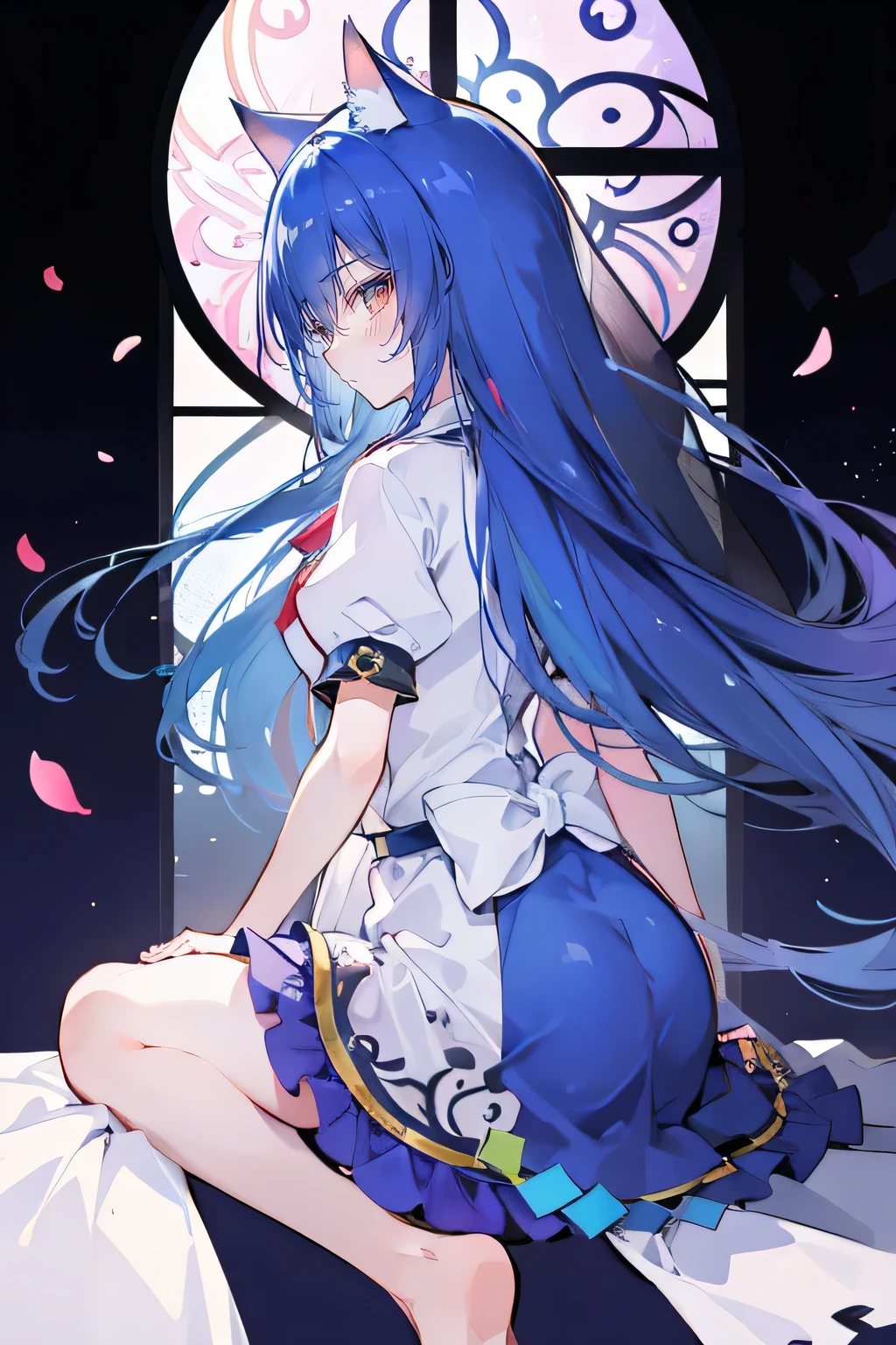 (masterpiece:1.2),Extremely detailed,Practical,expressive eyes,Fair skin,Perfect face shaping,1 Girl,
Japanese cartoons,Gorgeous blue hair, the long flowing blue hair,Floating clothes,Cat ears,Petals fall,beautiful lola,Young Angel,
Place your hands on your waist,sit elegantly on the ground,Cross your legs,Gentle and peaceful background,church,nun,little nose,back view.