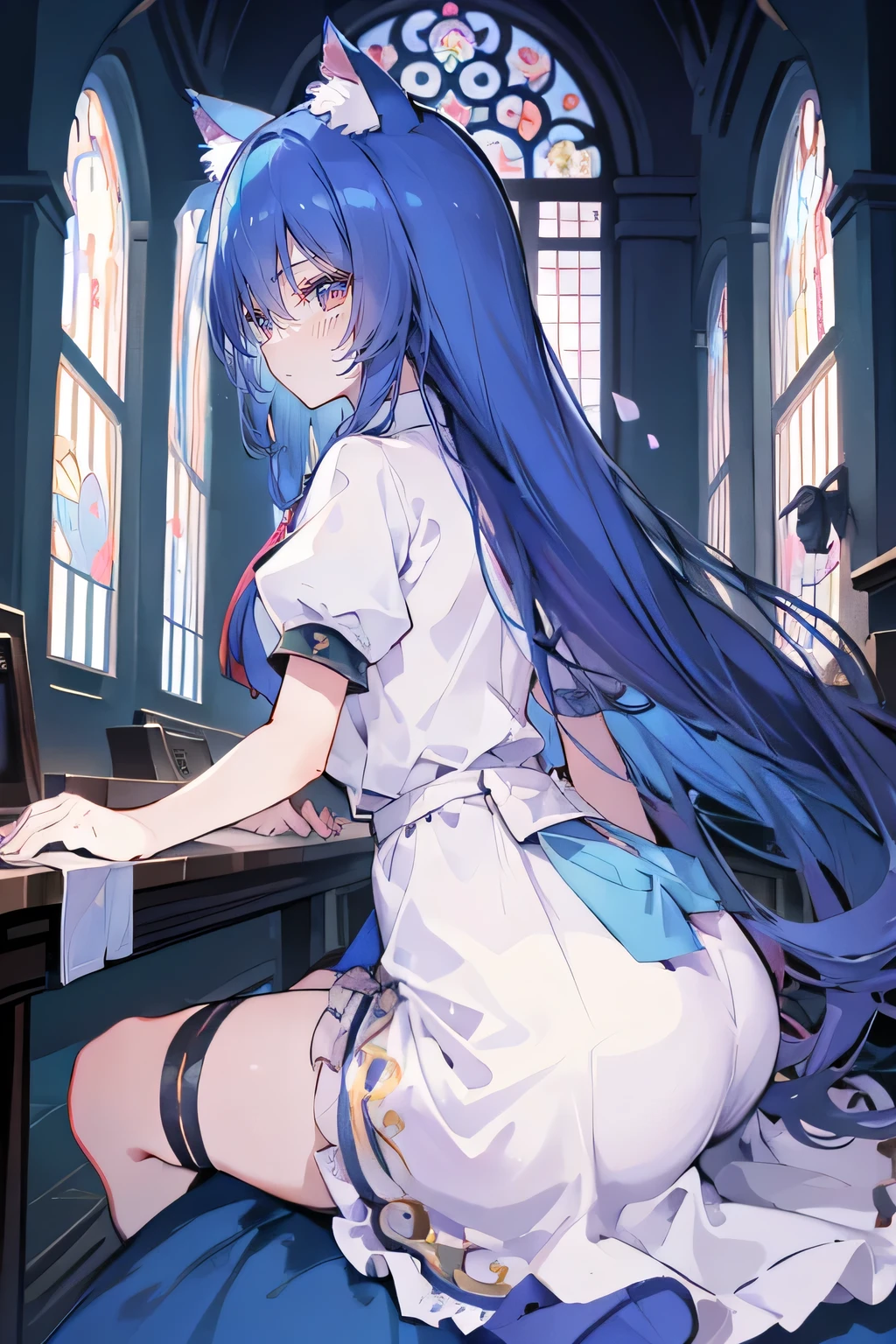 (masterpiece:1.2),Extremely detailed,Practical,expressive eyes,Fair skin,Perfect face shaping,1 Girl,
Japanese cartoons,Gorgeous blue hair, the long flowing blue hair,Floating clothes,Cat ears,Petals fall,beautiful lola,Young Angel,
Place your hands on your waist,sit elegantly on the ground,Cross your legs,Gentle and peaceful background,church,nun,little nose,back view.