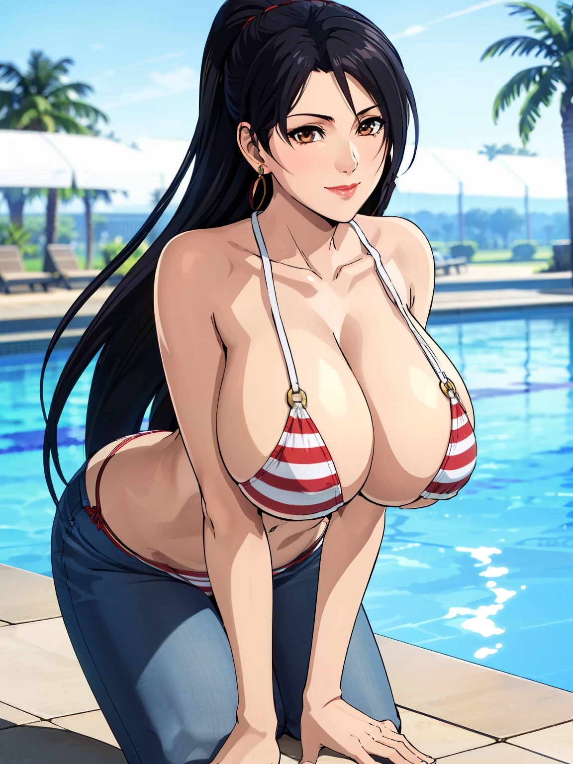 kneeling on floor, leaning forward, grabbing breast, white short shirt, red strip panties, opened button short jeans, outdoor swimming pool background, momiji, anime cels style, best quality, high resolution, 1girl, (huge breasts:1.2), beautiful face, black hair, long hair, long hair, brown eyes, cowboy shot, light smile, red lipstick