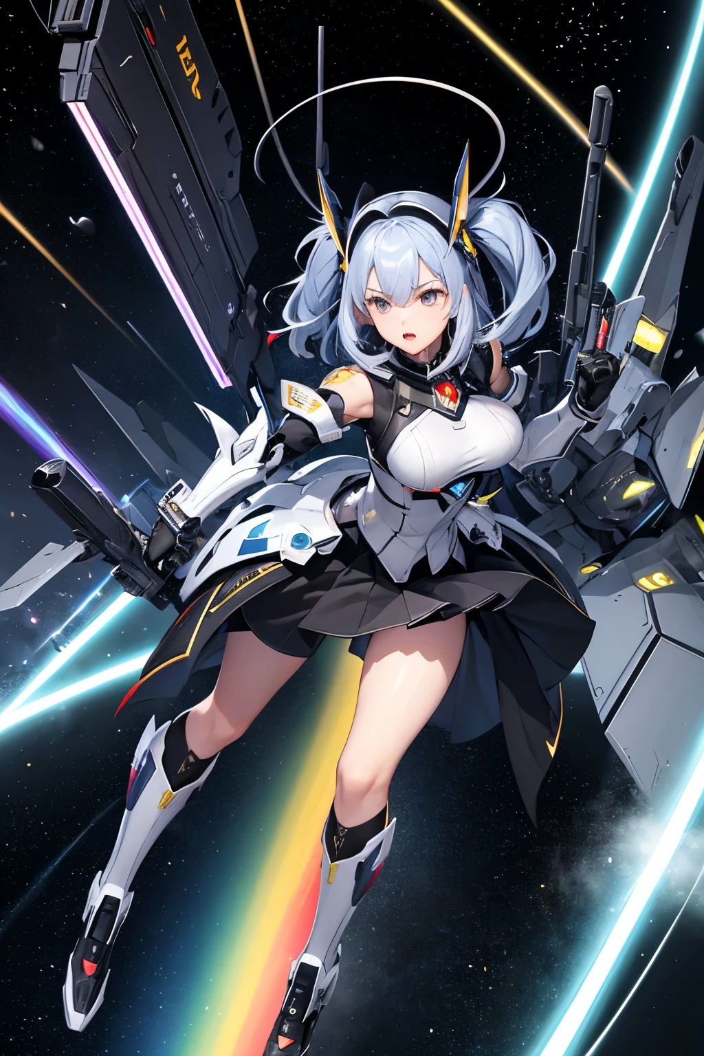 （（（highest quality、first-clasasterpiece、Normal body、8k、Detailed face、Ultra-precision、Normal hand、Normal finger、５Finger、）））Brightly colored hair、Rainbow black silver hair、Rainbow Mechanical Angel、Large rainbow mechanical wings、Shining crystal on the chest、Large booster、Large rainbow thruster、Visor Helmet、Super alloy armor、Metal Armor Skirt、Breast Core、Thought-guided remote-controlled weapon、Funnel、Bit Weapon、full metal armor、Beam rifle、Rainbow Beam、Running through space、Full boost、Beam Sword、Fighting space monsters、Variable Beam Launcher、multi missile、Mega Beam Cannon、In combat、Dogfight、High Maneuver、Space War、fleet battle、Destroy enemy ships、High mega particle cannon firing、ultimate weapon、Multi-warhead missiles、Full burst、All-at-once sweep、Breaking the Limits、critical point breakthrough、Charged particle cannon、Meteors、Buster Rifle、Buster Beam、Last Shooting、Charged particle cannon、Random Shooting、Drum roll