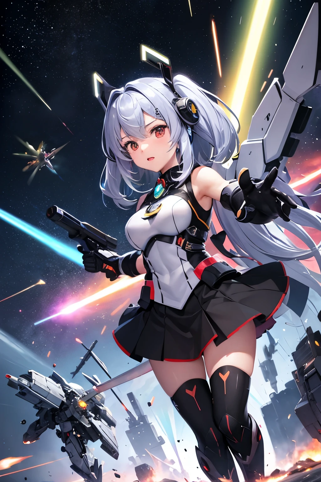 (((highest quality、first-clasasterpiece、Normal body、8k、Detailed face、Ultra-precision、Normal hand、Normal finger、5Finger、)))Brightly colored hair、Rainbow black silver hair、Rainbow Mechanical Angel、Large rainbow mechanical wings、Shining crystal on the chest、Large booster、Large rainbow thruster、Visor Helmet、Super alloy armor、Metal Armor Skirt、Breast Core、Thought-guided remote-controlled weapon、Funnel、Bit Weapon、full metal armor、Beam rifle、Rainbow Beam、Running through space、Full boost、Beam Sword、Fighting space monsters、Variable Beam Launcher、multi missile、Mega Beam Cannon、In combat、Dogfight、High Maneuver、Space War、fleet battle、Destroy enemy ships、High mega particle cannon firing、ultimate weapon、Multi-warhead missiles、Full burst、All-at-once sweep、Breaking the Limits、critical point breakthrough、Charged particle cannon、Meteors、Buster Rifle、Buster Beam、Last Shooting、Charged particle cannon、Random Shooting、Drum roll