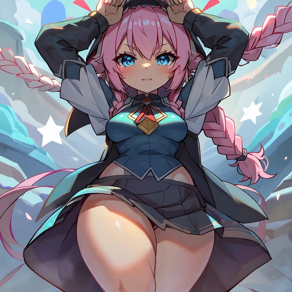 highest quality、masterpiece、Anime solid color、Colorful and unique space、One Girl、Pink hair, braided hair, bangs, big light blue eyes, energetic、Alice-style one-piece mini skirt、大きなハンマーを堕ち下ろす 当たっている場所から✨がたくさん勢いよく飛び散っている