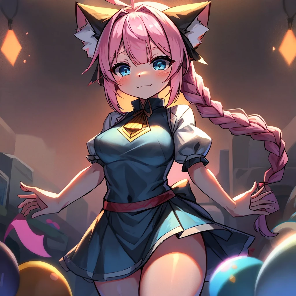 highest quality、masterpiece、Anime solid color、Colorful and unique space、One Girl、Pink hair, braided hair, bangs, big light blue eyes, energetic、Alice-style one-piece mini skirt、大きなハンマーを堕ち下ろす 当たっている場所から✨がたくさん勢いよく飛び散っている