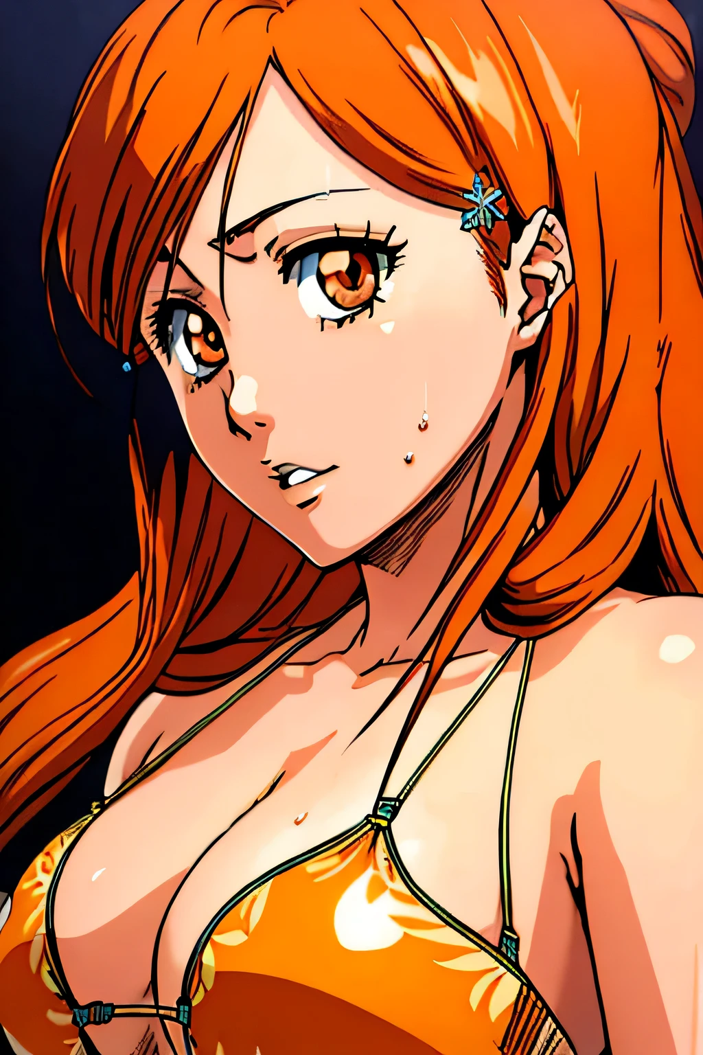 1 woman, orihime inoue, long light brown hair, big breasts, orange eyes, ((detailed eyes:1.2)), wearing micro bikini, sexy, sensual, sideboob, masterpiece, top quality, best quality, official art, beautiful and aesthetic:1.2), extreme detailed, colorful, highest detailed