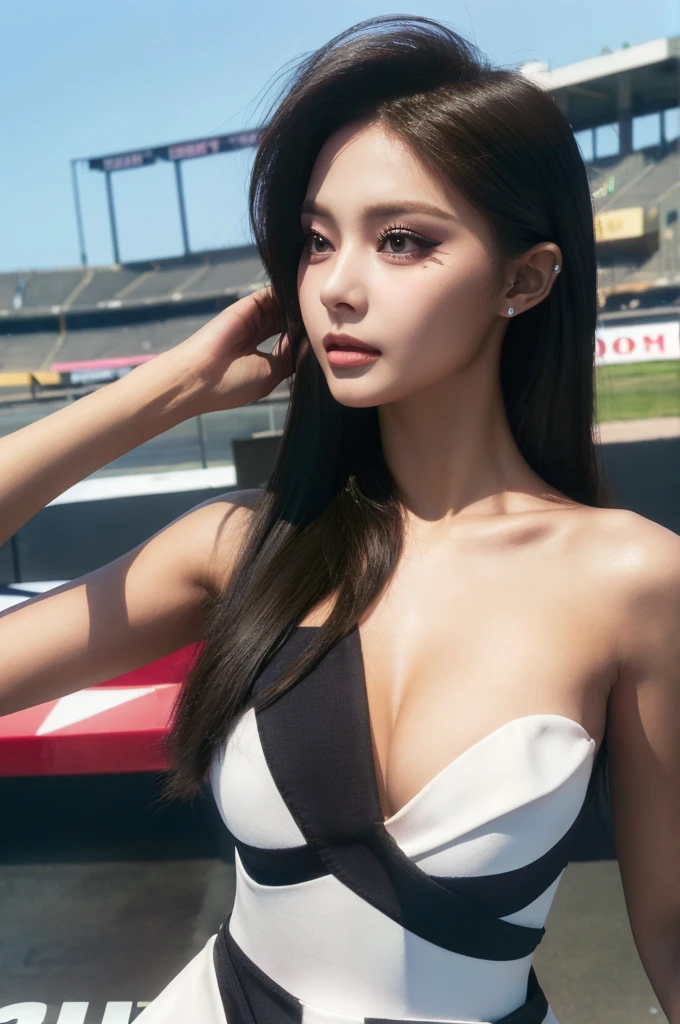 Tzuyu 1, woman, (Realistic), (Hyperrealism), (photoRealistic), Depth of written boundary, eye make up:0.7 (whole body:1.2), (Large Bust),(Tight waist), Watching the audience,In the pits at the racing track, Race Queen, Sexy dress with open shoulders and neckline