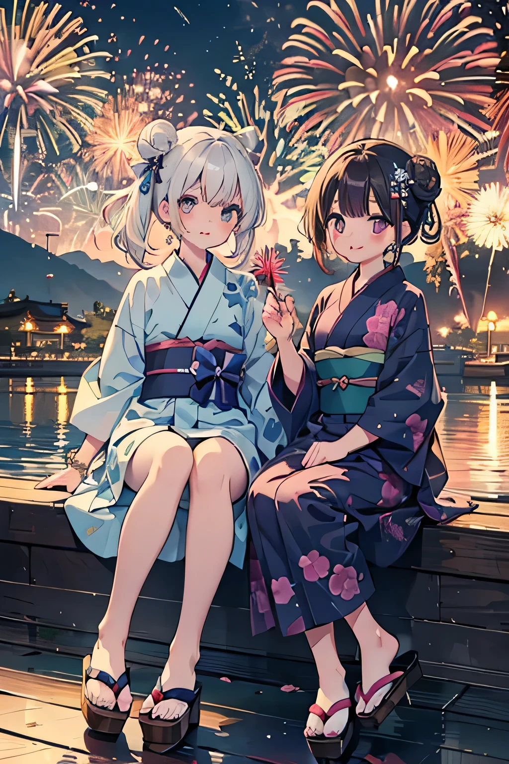 highest quality、High resolution、Detailed Background、(Beautiful face in every detail:1.4)、Anatomically correct、(Detailed facial expressions)、(Detailed eyes:1.2)、(Detailed eyes:1.2)、Teenage beauty、(Highly detailed face:1.4)、cute hair color、well-groomed eyebrows、In a joking manner、A big smile、cute gesture、Lake Biwa、Fit on one screen、

(Two beautiful girls having fun with fireworks in the background:1.5)、

The yukata is pink、light blue、Light colors such as pastel colors are recommended.、
Florets and stripes、Cute designs such as polka dot patterns、The length is knee-length or slightly longer for a feminine look.、
The obi is a cute thin ribbon. Choose one that matches the color of the yukata.、Geta are a delicate design、Flower motifs are adorable、
Keep accessories to a minimum and wear earrings and bracelets.、For hair accessories, we recommend ribbons or pearls in a color that matches your yukata.、The key is to create a cute hairstyle, such as a bun or half-up.、Natural makeup is recommended to match the atmosphere of the yukata.、Sandals or flat-designed geta are recommended.、

Lake Biwa Fireworks Festival、One of Japan&#39;s leading fireworks festivals held in Otsu City, Shiga Prefecture、Fireworks will be launched over the surface of Lake Biwa.、
The view of the fireworks reflected on the lake surface is spectacular and it is a popular viewing spot.、cute
