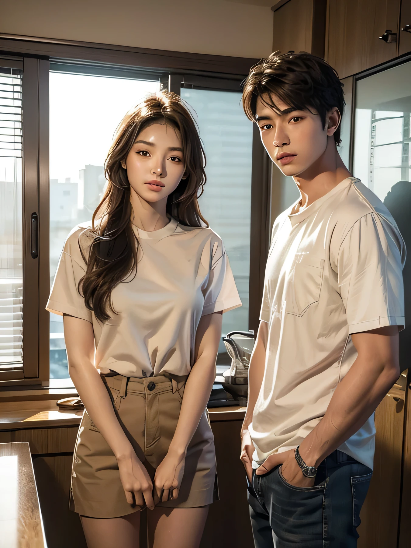 (extremely detailed and high-quality illustration),(best lighting and shadow effects, ultra-realistic), sunset beach, young man with a wheat skin tone, looking out at the girl with a love expression,muscle, girl with casual clothes, korean couple, eyes contacts, office shirt couple.