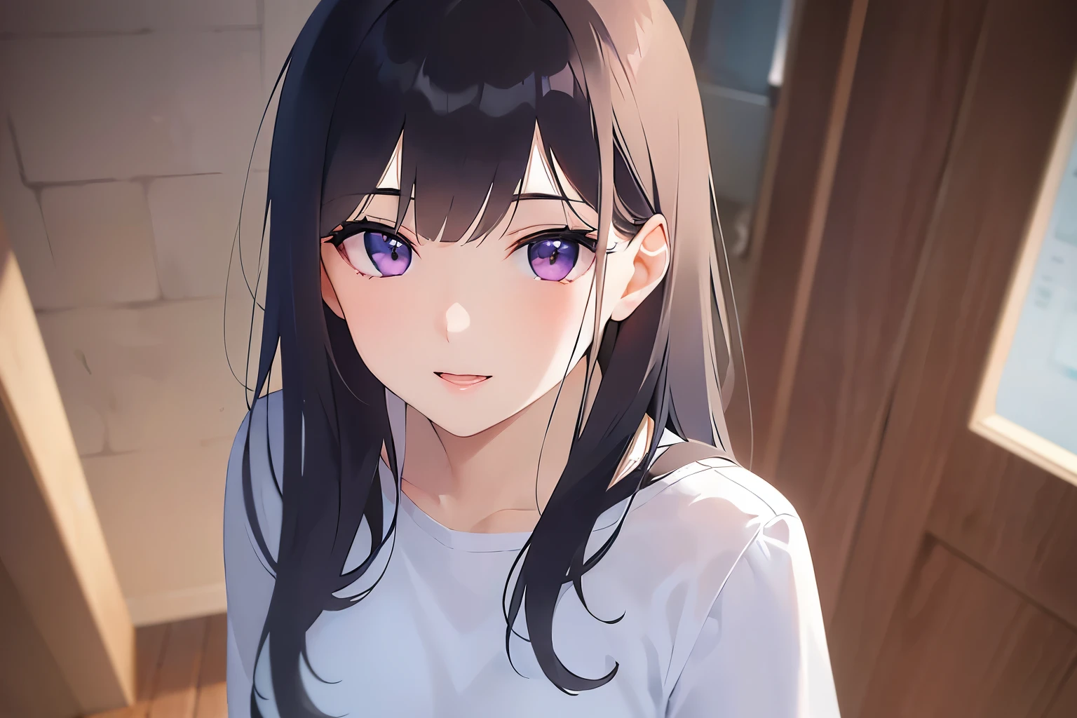 looking up, Shooting from above、Upper Body, Realistic, real person, (pale skin: 1.2), RAW photo, photorealistic, shiny skin, shiny hair、(A 25-year-old woman with straight hair and bangs) and (medium hair) and (black hair) and (purple eyes) , (white) and (T-shirt) and (V neck) and (long sleeve) 、smile, The background is the living room、Alone、Are standing