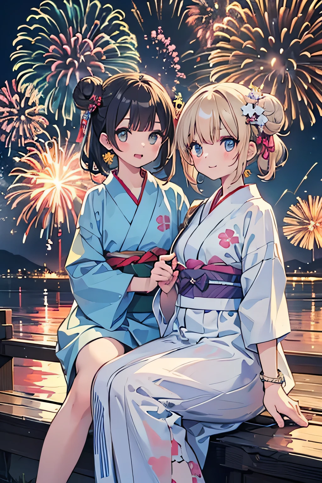 highest quality、High resolution、Detailed Background、(Beautiful face in every detail:1.4)、Anatomically correct、(Detailed facial expressions)、(Detailed eyes:1.2)、(Detailed eyes:1.2)、 beauty、(Highly detailed face:1.4)、cute hair color、well-groomed eyebrows、In a joking manner、A big smile、cute gesture、Lake Biwa、Fit on one screen、
(Two beautiful girls having fun with fireworks in the background:1.5)、
The yukata is pink、light blue、Light colors such as pastel colors are recommended.、
Florets and stripes、Cute designs such as polka dot patterns、The length is knee-length or slightly longer for a feminine look.、
The obi is a cute thin ribbon. Choose one that matches the color of the yukata.、Geta are a delicate design、Flower motifs are adorable、
Keep accessories to a minimum and wear earrings and bracelets.、For hair accessories, we recommend ribbons or pearls in a color that matches your yukata.、The key is to create a cute hairstyle, such as a bun or half-up.、Natural makeup is recommended to match the atmosphere of the yukata.、Sandals or flat-designed geta are recommended.、
Lake Biwa Fireworks Festival、One of Japan's leading fireworks festivals held in Otsu City, Shiga Prefecture、Fireworks will be launched over the surface of Lake Biwa.、
The view of the fireworks reflected on the lake surface is spectacular and it is a popular viewing spot.、cute