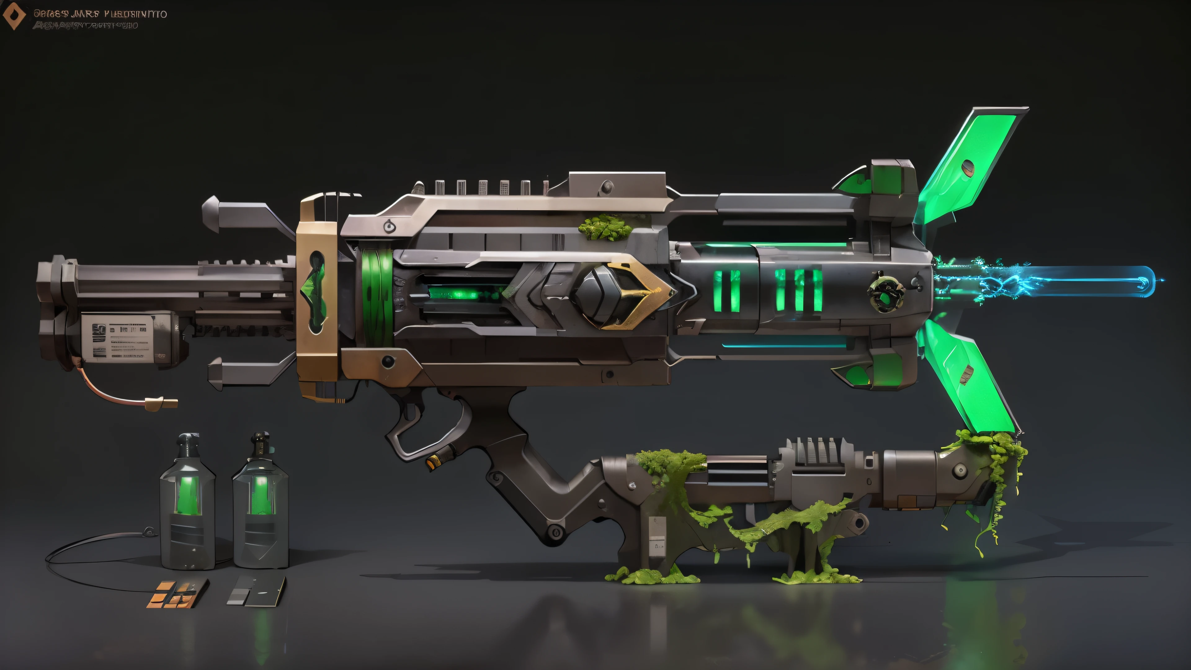 Tesla Punk, Ray Gun , Plasma power supply,concept art, gun design, Sniper Rifle,unmanned,Gun-length plant,Plants and machinery,moss,Plants attached to the gun