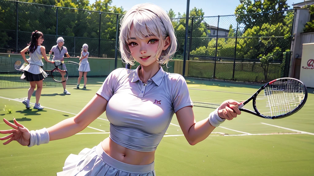 Young adult girl in an outdoor tennis court. Wearing an open in the sporty polo shirt, short skirt flowing in the air, flowy Bob haircut, (((white hair))), tired after an intensive training session, ((wet body)), (wet hair), ((sleeveless shirt)), dramatic sky, rim lighting, varying model positions, beautiful hair, clothes in various sporty patterns and pastel colors, ((looking at the camera)) and winking with one eye, ((focus on face and breasts)), ((close up)) ((breast cleavage)), push up breasts, bending over body towards camera