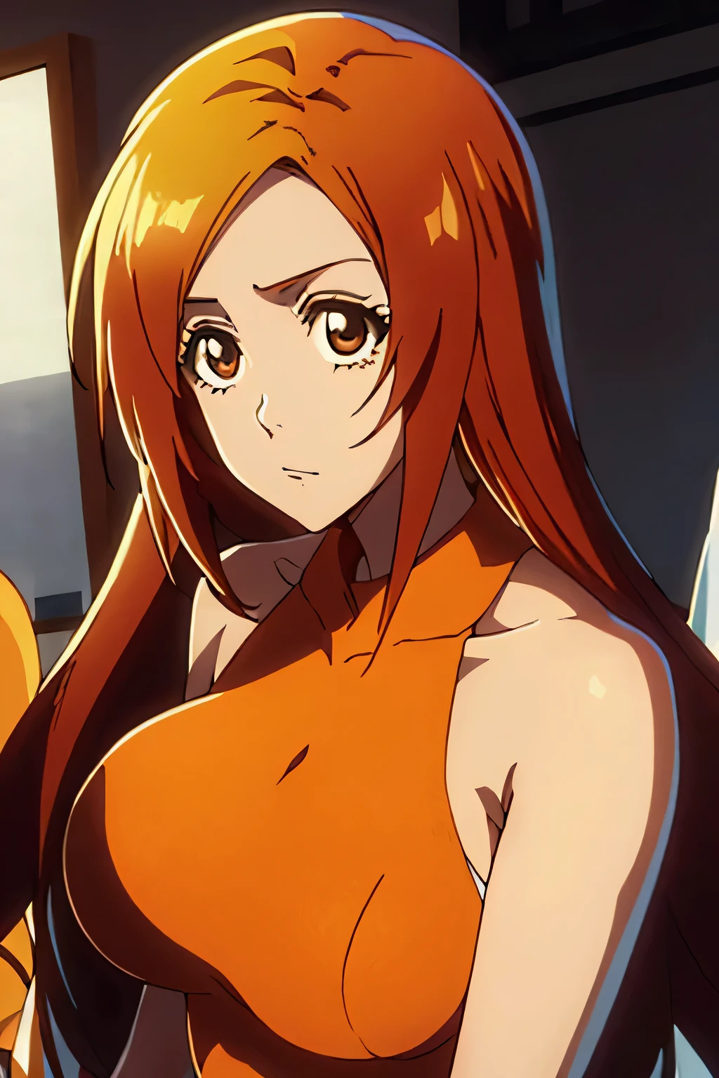 1 woman, orihime inoue, long light brown hair, big breasts, orange eyes, ((detailed eyes:1.2)), wearing micro bikini, sexy, sensual, sideboob, masterpiece, top quality, best quality, official art, beautiful and aesthetic:1.2), extreme detailed, colorful, highest detailed