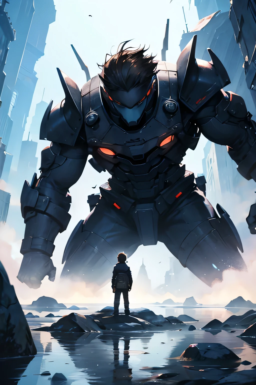 A boy facing off against a giant