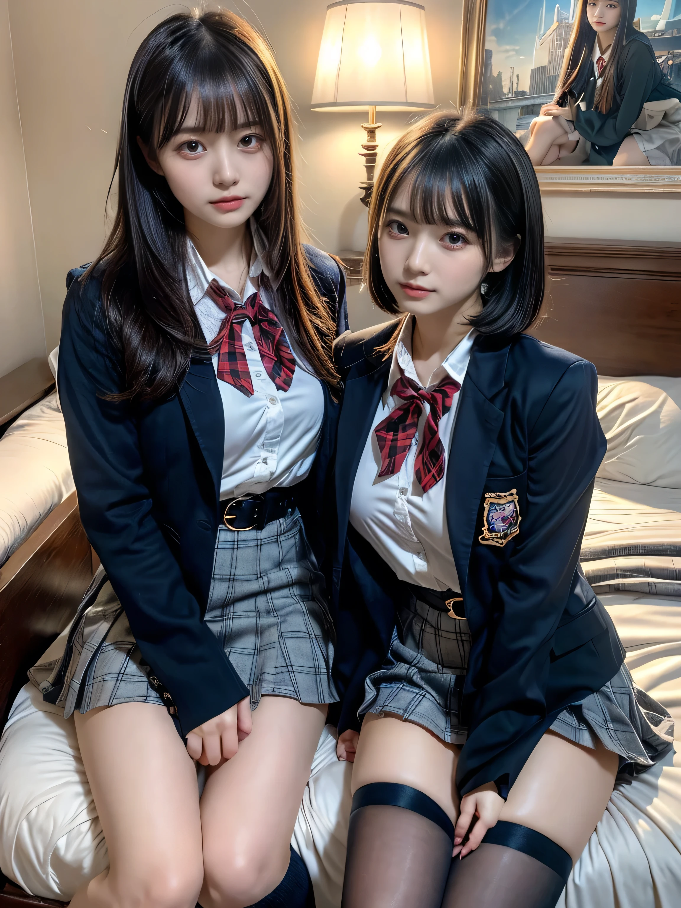 (8K, Raw photography, top-quality, ​masterpiece:1.2), muster piece, best quality, illustration, Super detailed, fine details, High resolution, 8K,wall paper, perfect dynamic composition,(Details High quality, realistic depiction of eyes:1.3), ((2 girls, 2 schoolgirls)), The background is a luxury hotel room、High school girl uniform、blazer 、Super Short Check Uniform Skirt、Navy blue high socks、garterbelts、Colossal tits、Disturbed uniform, Play with each other,Touching each other's bodies,Touching the body of the girl next door, short bob hair, black hair color, huge breasts, Big Natural Color Lip, bold sexy pose, (perfect body shape), crying a little、cold gaze, Beautiful makeup,glitter makeup,Cutest 18 years old、 beautiful legs, hposing Gravure Idol, Voluptuous thighs