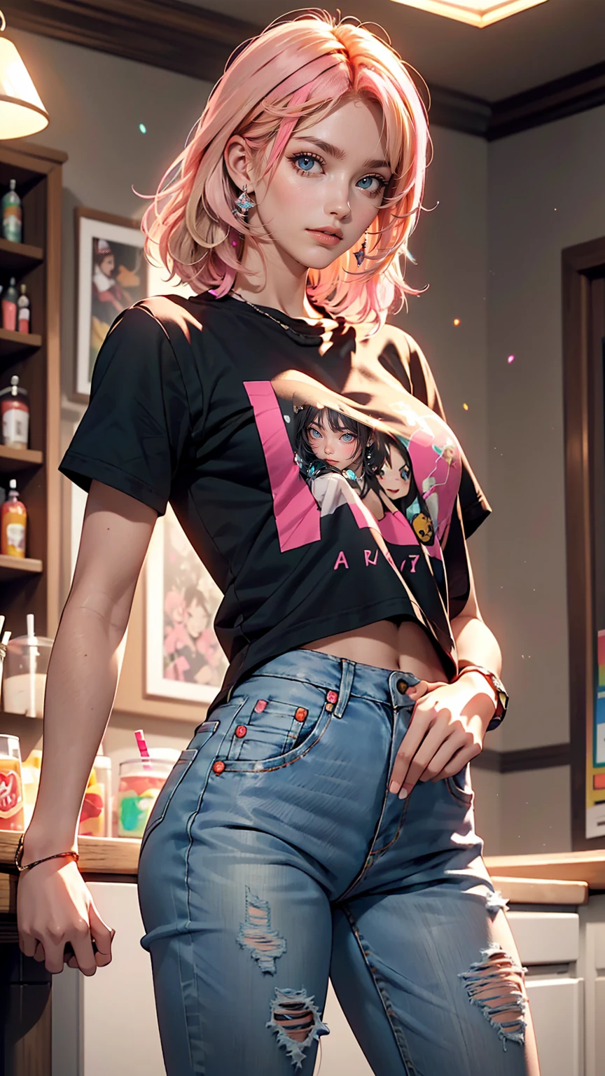 AniPoma 1,(masterpiece, Best illustrations, The best manga), alone, One girl, Purple eyes, (Shiny skin, Soft Hair), (Milkshake in hand), freckles, (Bright pink two-tone hair:1.3), (Wearing a Led Zeppelin T-shirt, Denim jeans), (Extreme light and shadow, Volumetric lighting, Rim Light), (Dawn:.5), (Rainbow Light, Light leakage), (Fascinating, Grin), (alone), manga dusk 1, Manhwa 1