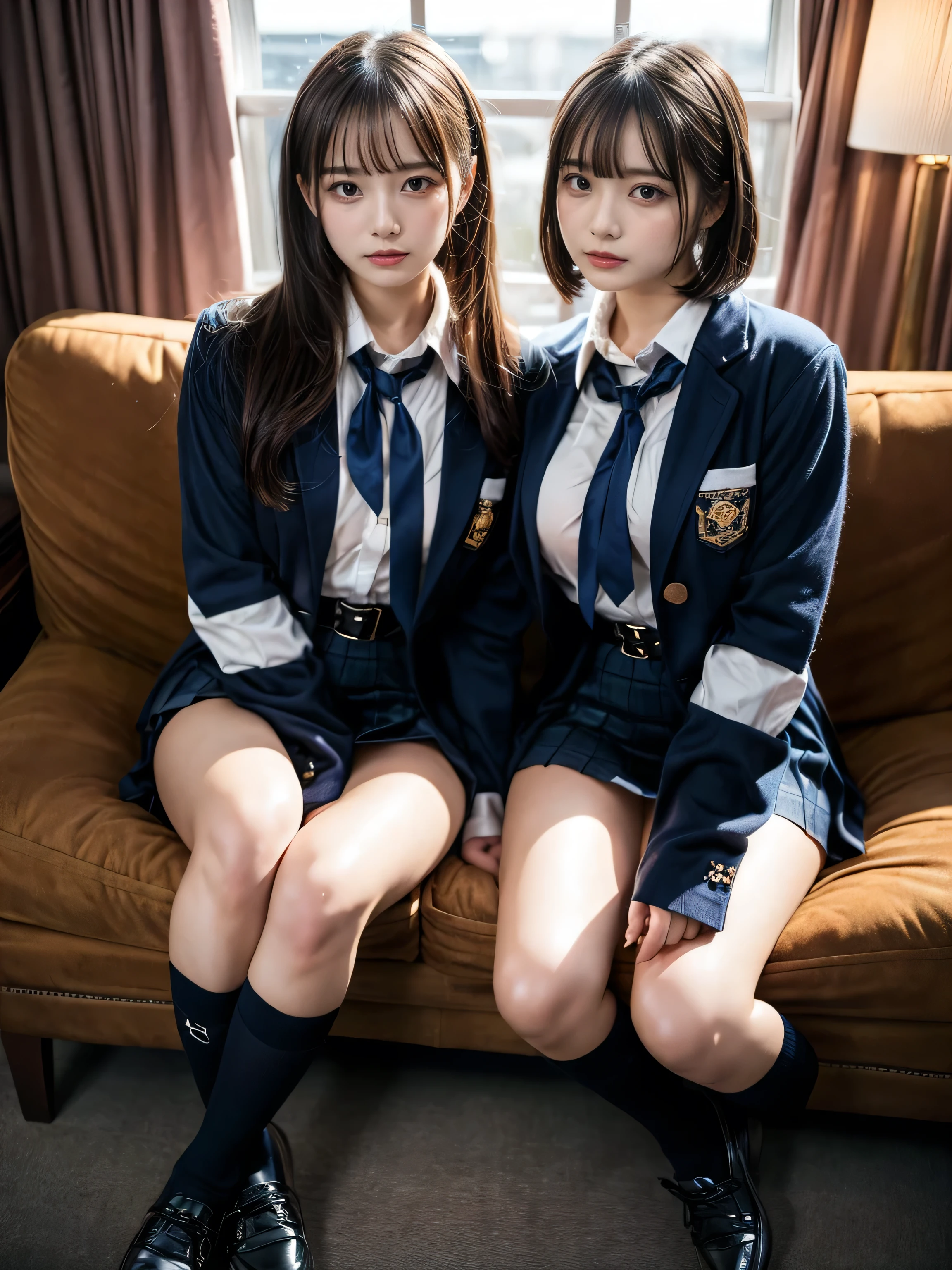 (8K, Raw photography, top-quality, ​masterpiece:1.2), muster piece, best quality, illustration, Super detailed, fine details, High resolution, 8K,wall paper, perfect dynamic composition,(Details High quality, realistic depiction of eyes:1.3), ((2 girls, 2 schoolgirls)), The background is a luxury hotel room、High school girl uniform、blazer 、Super Short Check Uniform Skirt、Navy blue high socks、garterbelts、Colossal tits、Disturbed uniform, Play with each other,Touching each other's bodies,Touching the body of the girl next door, short bob hair, black hair color, huge breasts, Big Natural Color Lip, bold sexy pose, (perfect body shape), crying a little、cold gaze, Beautiful makeup,glitter makeup,Cutest 18 years old、 beautiful legs, hposing Gravure Idol, Voluptuous thighs