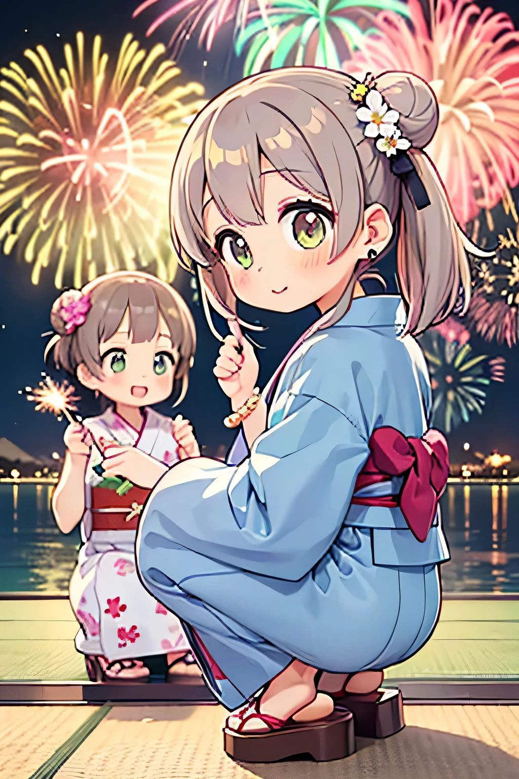 highest quality、High resolution、Detailed Background、(Beautiful face in every detail:1.4)、Anatomically correct、(Detailed facial expressions)、(Detailed eyes:1.2)、(Detailed eyes:1.2)、Teenage beauty、(Highly detailed face:1.4)、cute hair color、well-groomed eyebrows、In a joking manner、A big smile、cute gesture、Lake Biwa、Fit on one screen、

(Two beautiful girls having fun with fireworks in the background:1.5)、

The yukata is pink、light blue、Light colors such as pastel colors are recommended.、
Florets and stripes、Cute designs such as polka dot patterns、The length is knee-length or slightly longer for a feminine look.、
The obi is a cute thin ribbon. Choose one that matches the color of the yukata.、Geta are a delicate design、Flower motifs are adorable、
Keep accessories to a minimum and wear earrings and bracelets.、For hair accessories, we recommend ribbons or pearls in a color that matches your yukata.、The key is to create a cute hairstyle, such as a bun or half-up.、Natural makeup is recommended to match the atmosphere of the yukata.、Sandals or flat-designed geta are recommended.、

Lake Biwa Fireworks Festival、One of Japan&#39;s leading fireworks festivals held in Otsu City, Shiga Prefecture、Fireworks will be launched over the surface of Lake Biwa.、
The view of the fireworks reflected on the lake surface is spectacular and it is a popular viewing spot.、cute