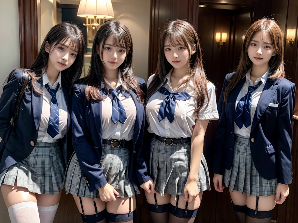 (8K, Raw photography, top-quality, masterpiece:1.2), master piece, best quality, illustration, Super detailed, fine details, High resolution, 8K,wall paper, perfect dynamic composition,(Details High quality, realistic depiction of eyes:1.3), ((2 girls, 2 schoolgirls)), The background is a luxury hotel room、High school girl uniform、blazer 、Super Short Check Uniform Skirt、Navy blue high socks、garterbelts、Colossal tits、Disturbed uniform, Play with each other,Touching each other's bodies,Touching the body of the girl next door, short bob hair, black hair color, huge breasts, Big Natural Color Lip, bold sexy pose, (perfect body shape), crying a little、cold gaze, Beautiful makeup,glitter makeup,Cutest 18 years old, beautiful legs, hposing Gravure Idol, Voluptuous thighs