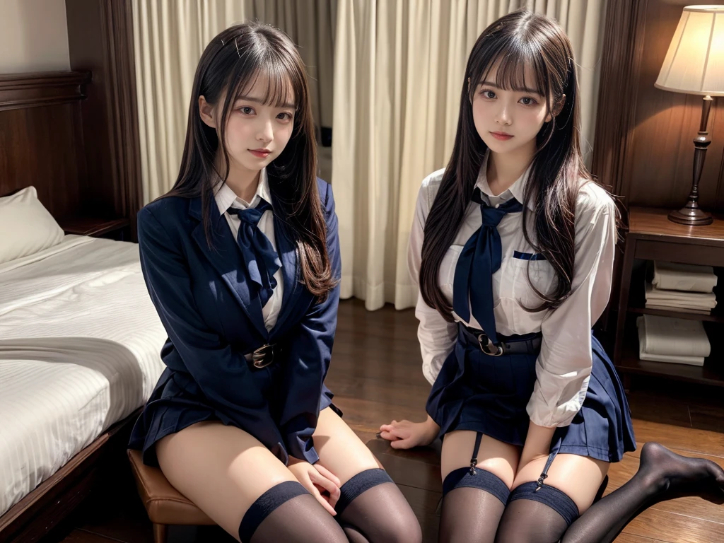 (8K, Raw photography, top-quality, masterpiece:1.2), master piece, best quality, illustration, Super detailed, fine details, High resolution, 8K,wall paper, perfect dynamic composition,(Details High quality, realistic depiction of eyes:1.3), ((2 girls, 2 schoolgirls)), The background is a luxury hotel room、High school girl uniform、blazer 、Super Short Check Uniform Skirt、Navy blue high socks、garterbelts、Colossal tits、Disturbed uniform, Play with each other,Touching each other's bodies,Touching the body of the girl next door, short bob hair, black hair color, huge breasts, Big Natural Color Lip, bold sexy pose, (perfect body shape), crying a little、cold gaze, Beautiful makeup,glitter makeup,Cutest 18 years old, beautiful legs, hposing Gravure Idol, Voluptuous thighs