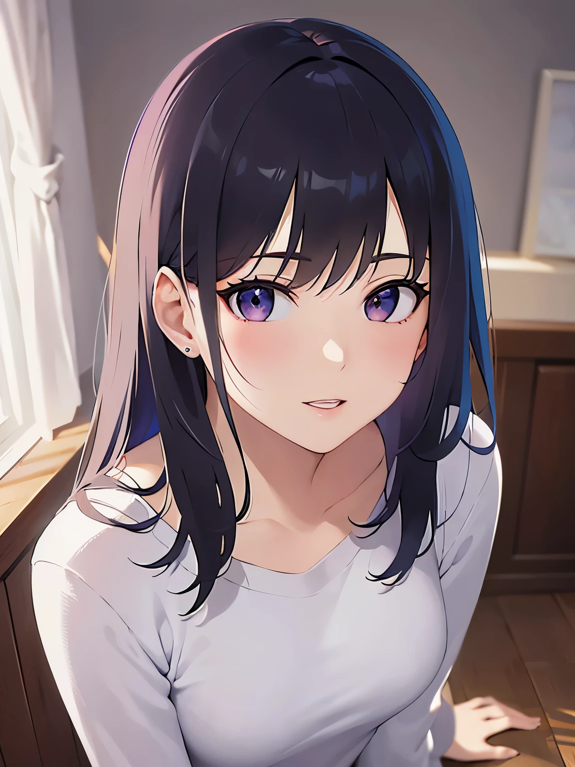 looking up, Shooting from above、Upper Body, Realistic, real person, (pale skin: 1.2), RAW photo, photorealistic, shiny skin, shiny hair、(A 25-year-old woman with straight hair and bangs) and (medium hair) and (black hair) and (purple eyes) , (white) and (T-shirt) and (V neck) and (long sleeve) 、smile, The background is the living room、Alone、Are standing @mana.sasa