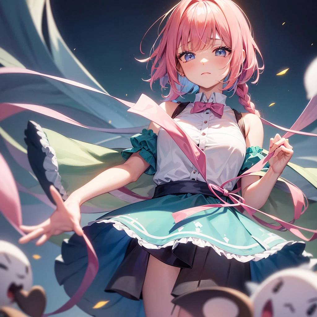 highest quality、masterpiece、Anime solid color、Colorful and unique space、One Girl、Pink hair, braided hair, bangs, big light blue eyes, energetic、Alice-style one-piece mini skirt、大きなハンマーを堕ち下ろす 当たっている場所から✨がたくさん勢いよく飛び散っている
