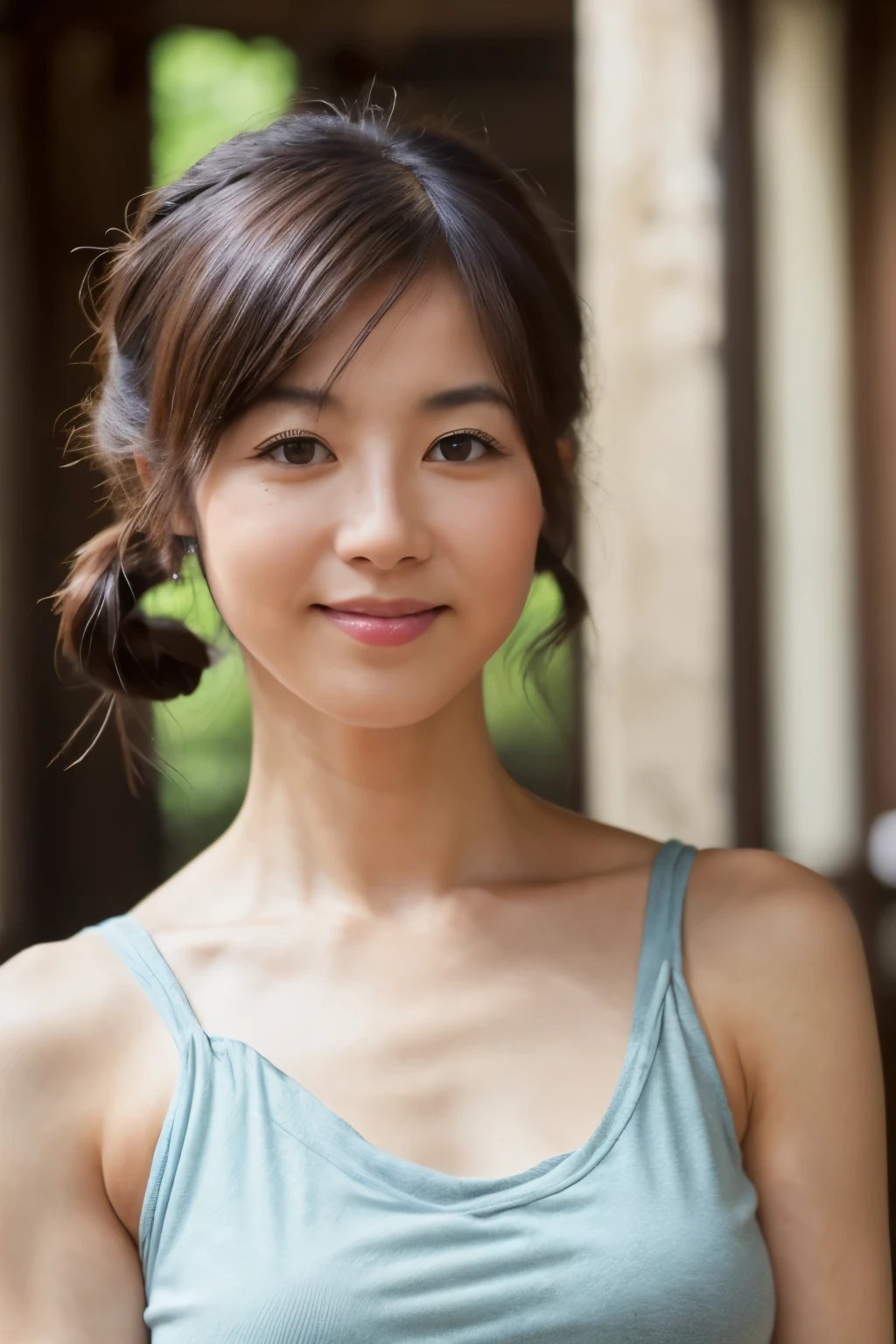 ((Best quality, 8k, Masterpiece :1.3)), 1girl, Pretty woman with emphasizing slender abs:1.3, small breasts, very thin waist, (random hairstyles:1.2), Oversized tank top:1.2, Ultra-detailed face, Detailed eyes, Double eyelid