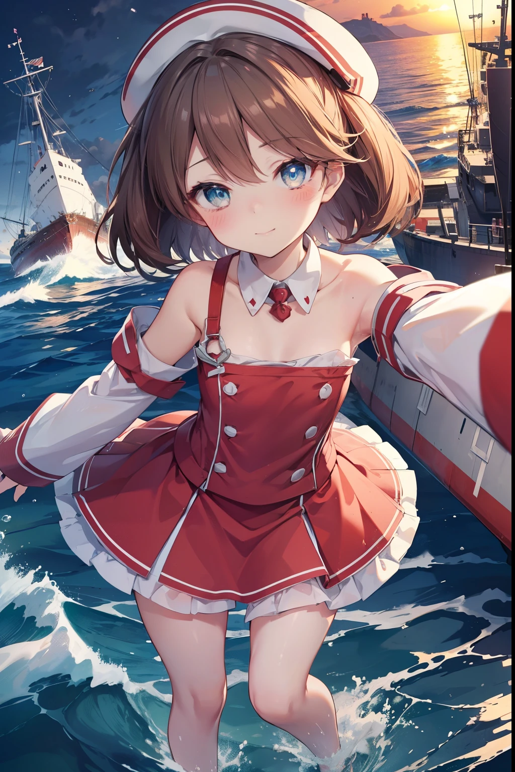 ryuujou、blush,smile、Wear a hat、Shipgirl、uniform、Fighting at sea、、The back is very small、Lolita、Small breasts、Please show me your armpits、exterior: 14 years old、Shoulder Bicle is visible、Sexy thighs、Beautiful feet、Usual hairstyle、highest quality, High resolution, unity 8k wallpaper, (shape:0.8), (Beautiful and beautiful eyes:1.6), Highly detailed face, Perfect lighting, Extremely detailed CG, (Perfect hands, Perfect Anatomy),